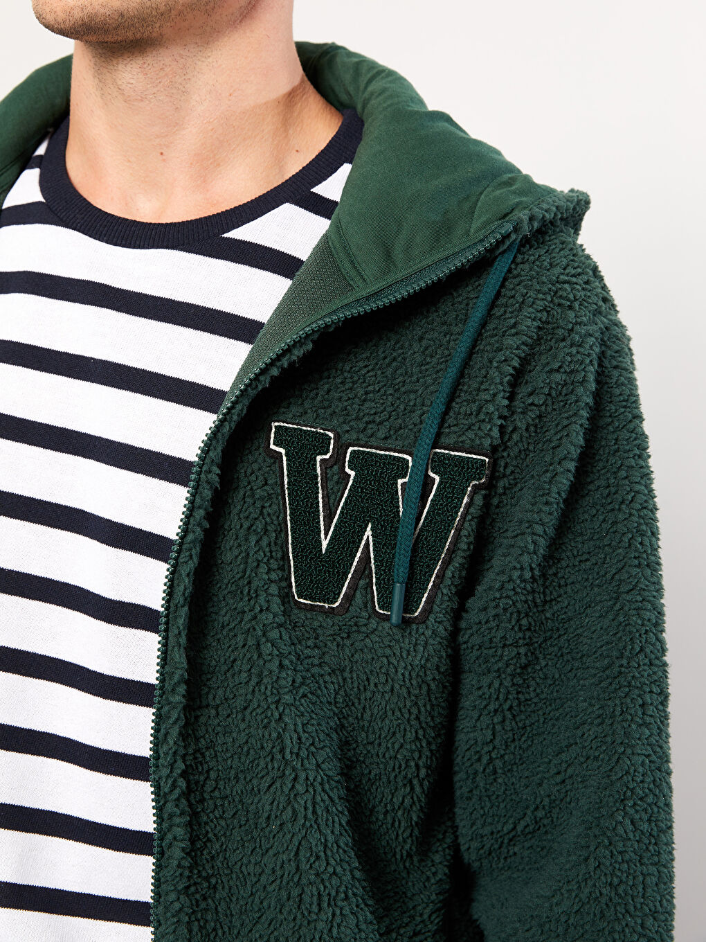 Yeşil Kapüşonlu Uzun Kollu Baskılı Pelüş Erkek Spor Hırka-3