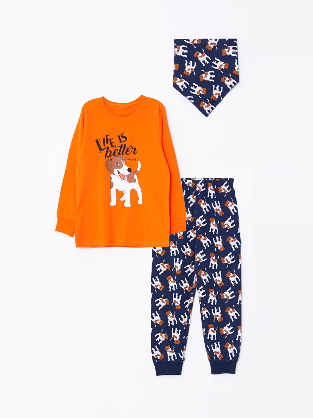 Crew Neck Printed Long Sleeve Boy Pajama Set and Pet Accessory