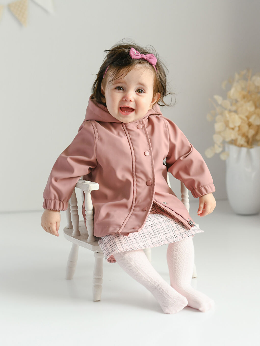 Pembe Basic Uzun Kollu Deri Görünümlü Kız Bebek Ceket