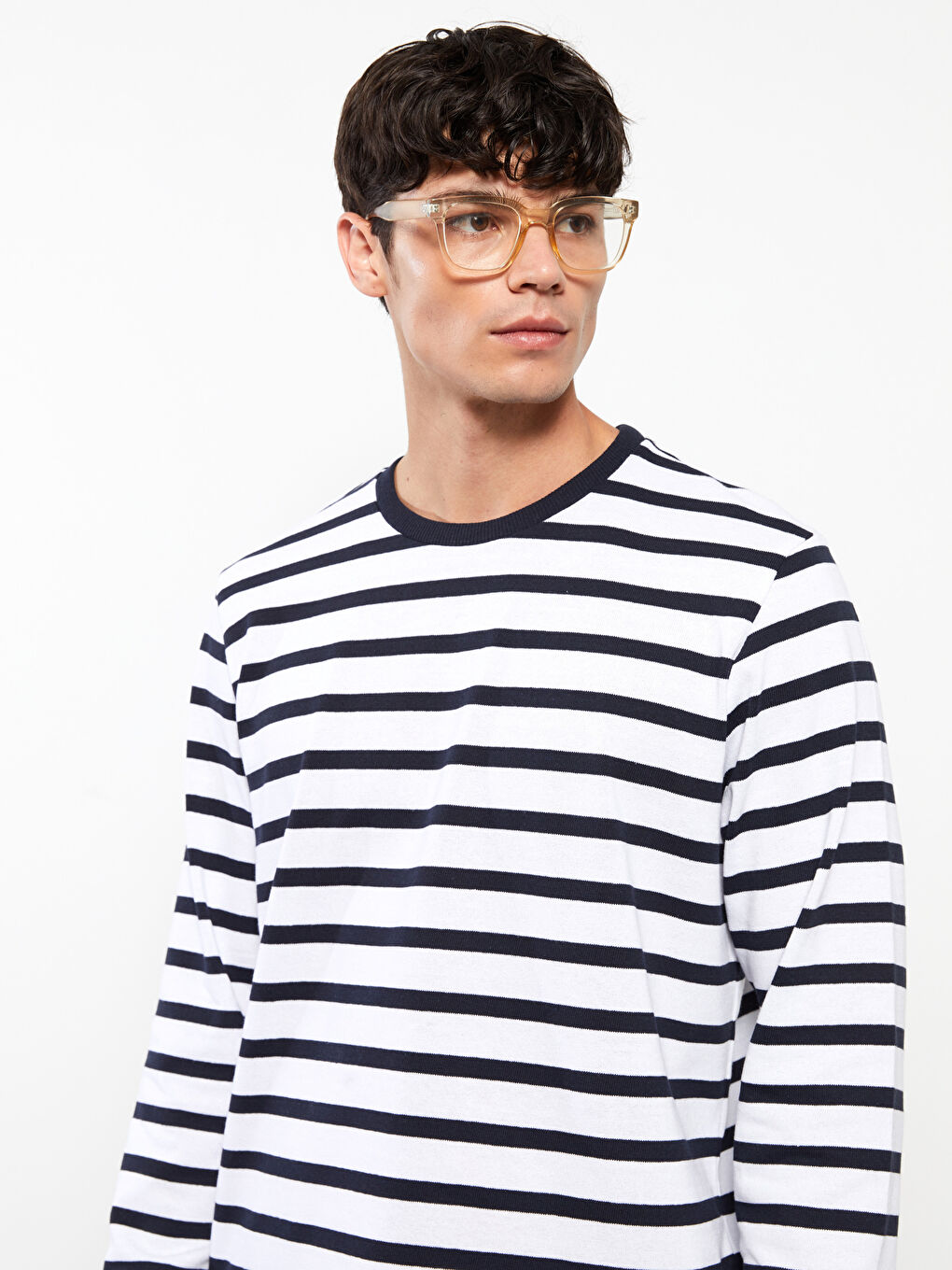 Lacivert Bisiklet Yaka Uzun Kollu Çizgili Erkek Sweatshirt