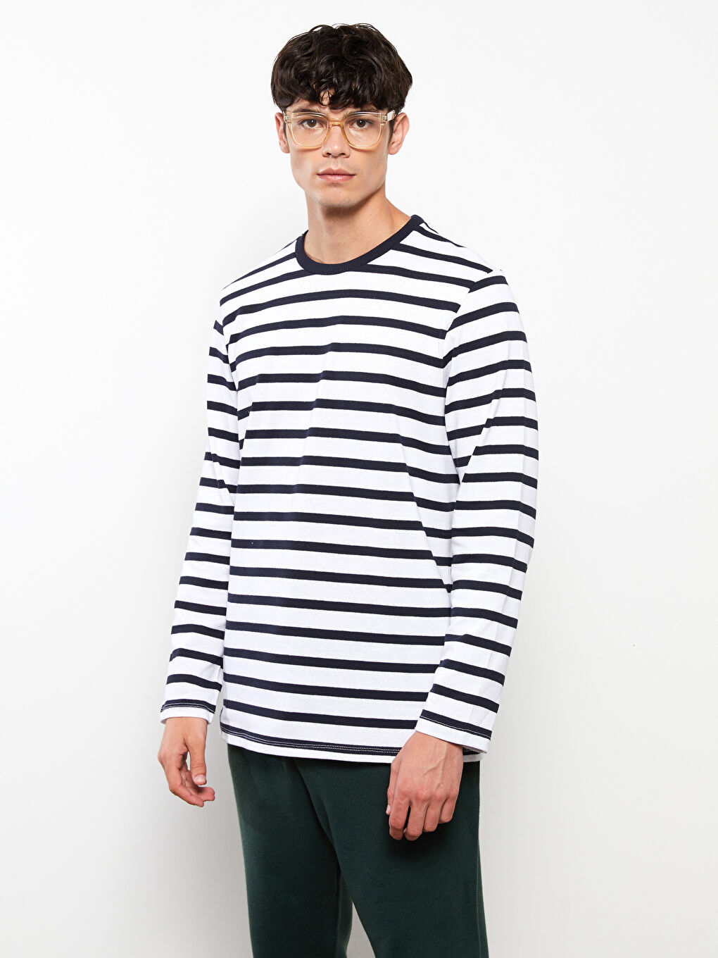 Lacivert Bisiklet Yaka Uzun Kollu Çizgili Erkek Sweatshirt-2