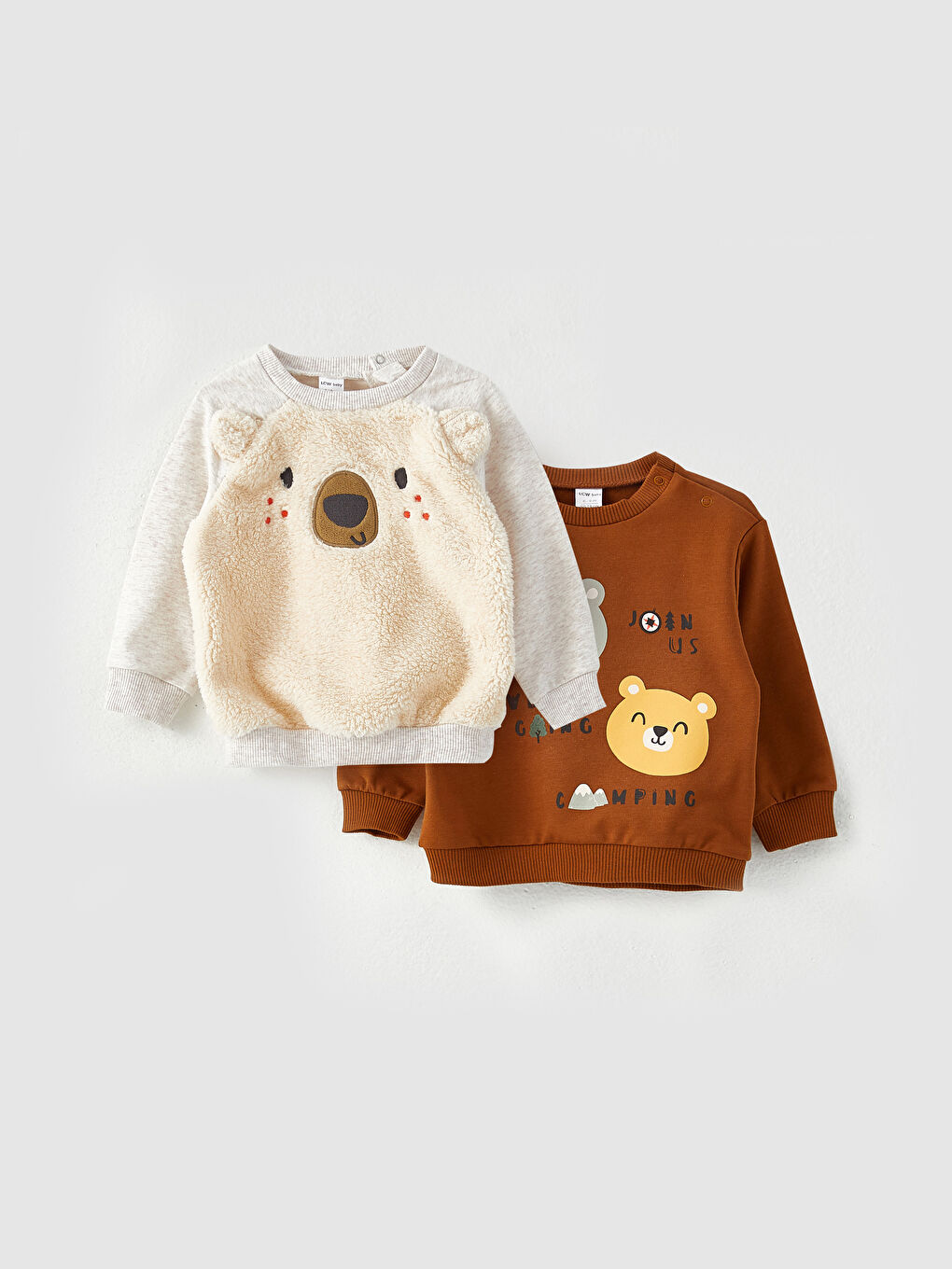 Bej Bisiklet Yaka Uzun Kol Baskılı Erkek Bebek Sweatshirt 2'li