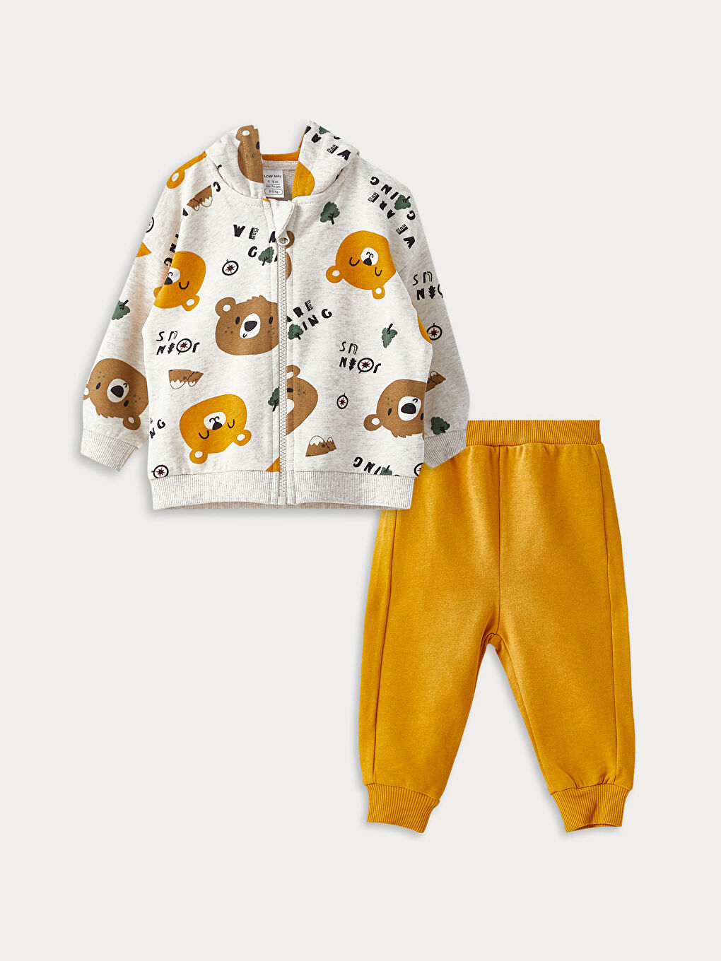 Ekru Kapüşonlu Uzun Kollu Baskılı Erkek Bebek Eşofman Takımı