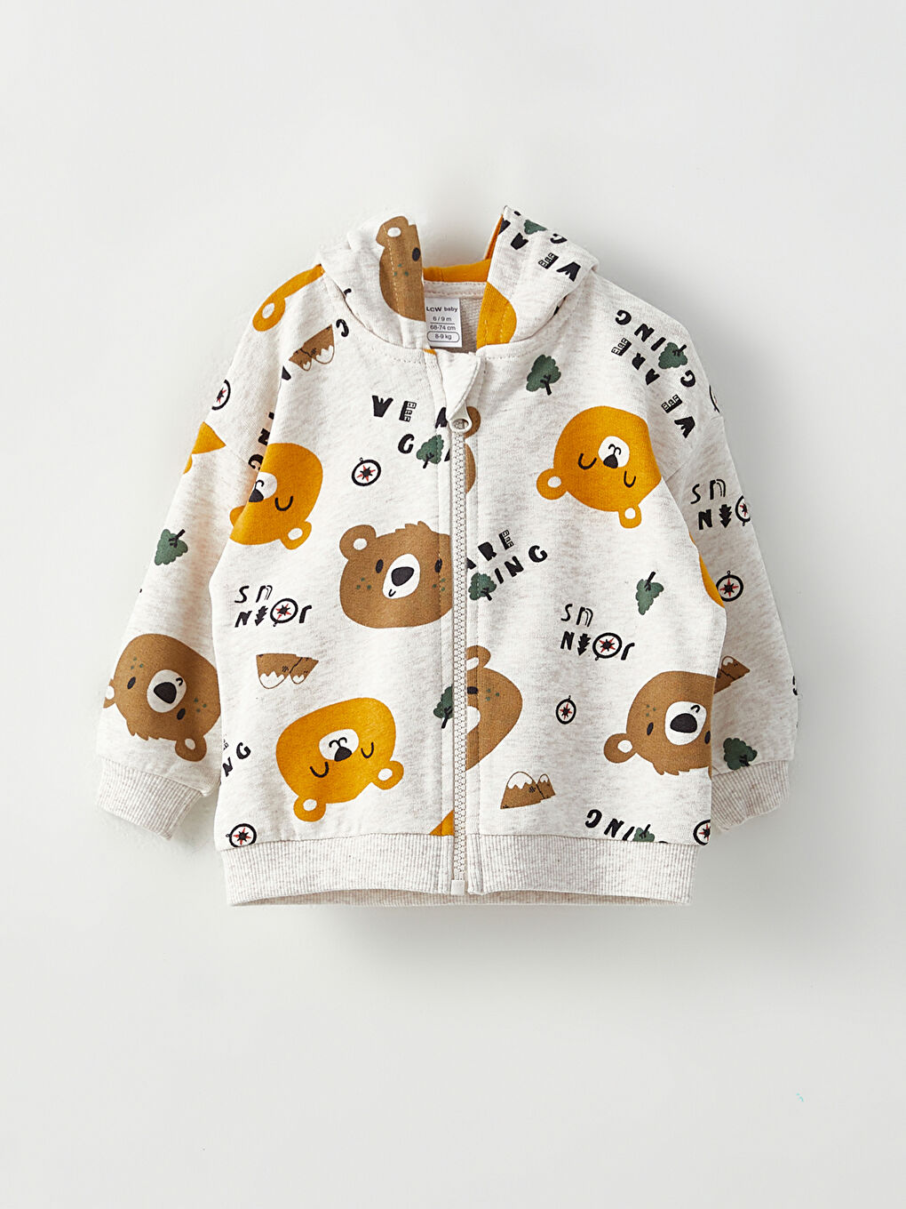 Ekru Kapüşonlu Uzun Kollu Baskılı Erkek Bebek Eşofman Takımı-1