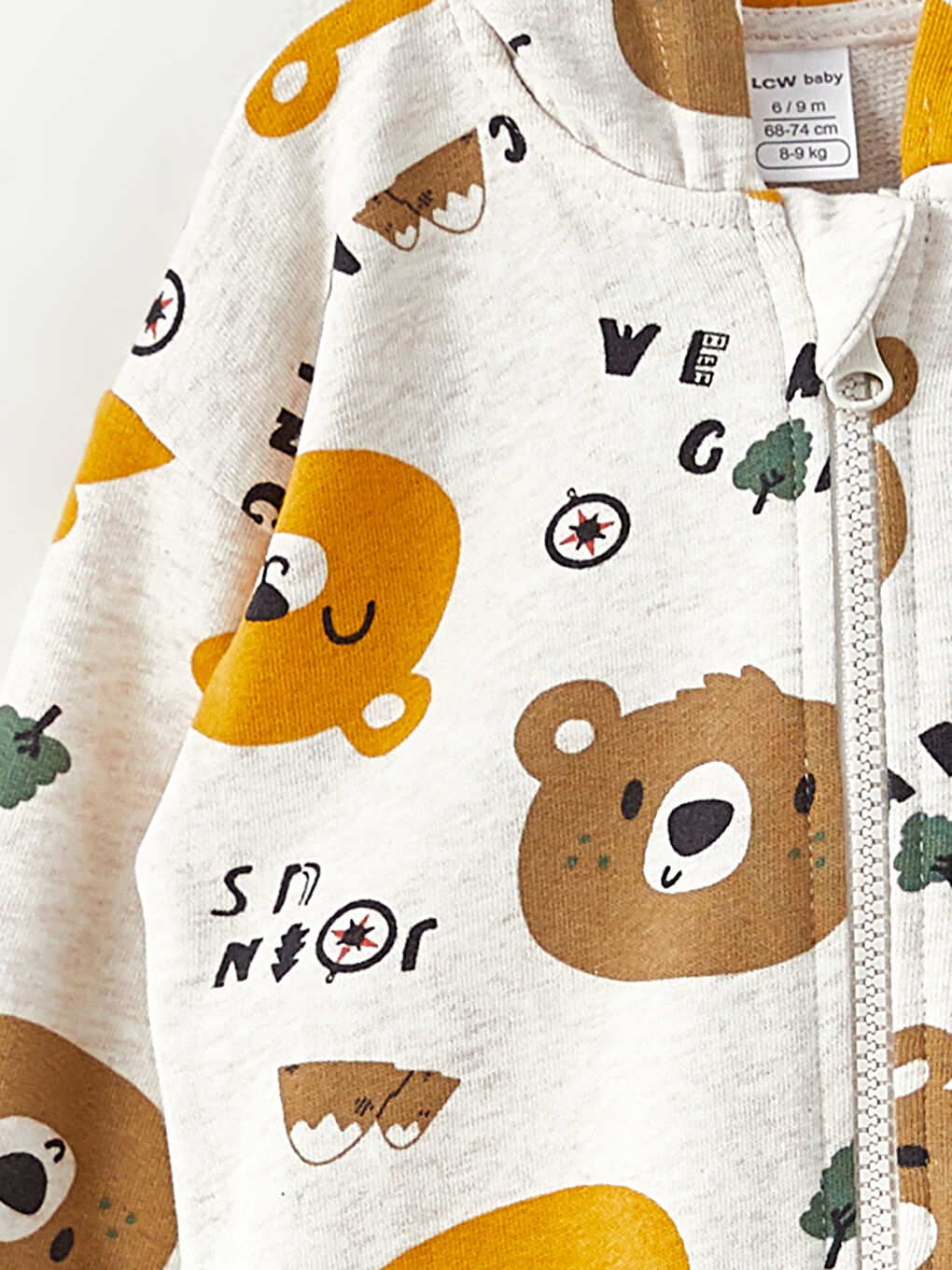 Ekru Kapüşonlu Uzun Kollu Baskılı Erkek Bebek Eşofman Takımı-2