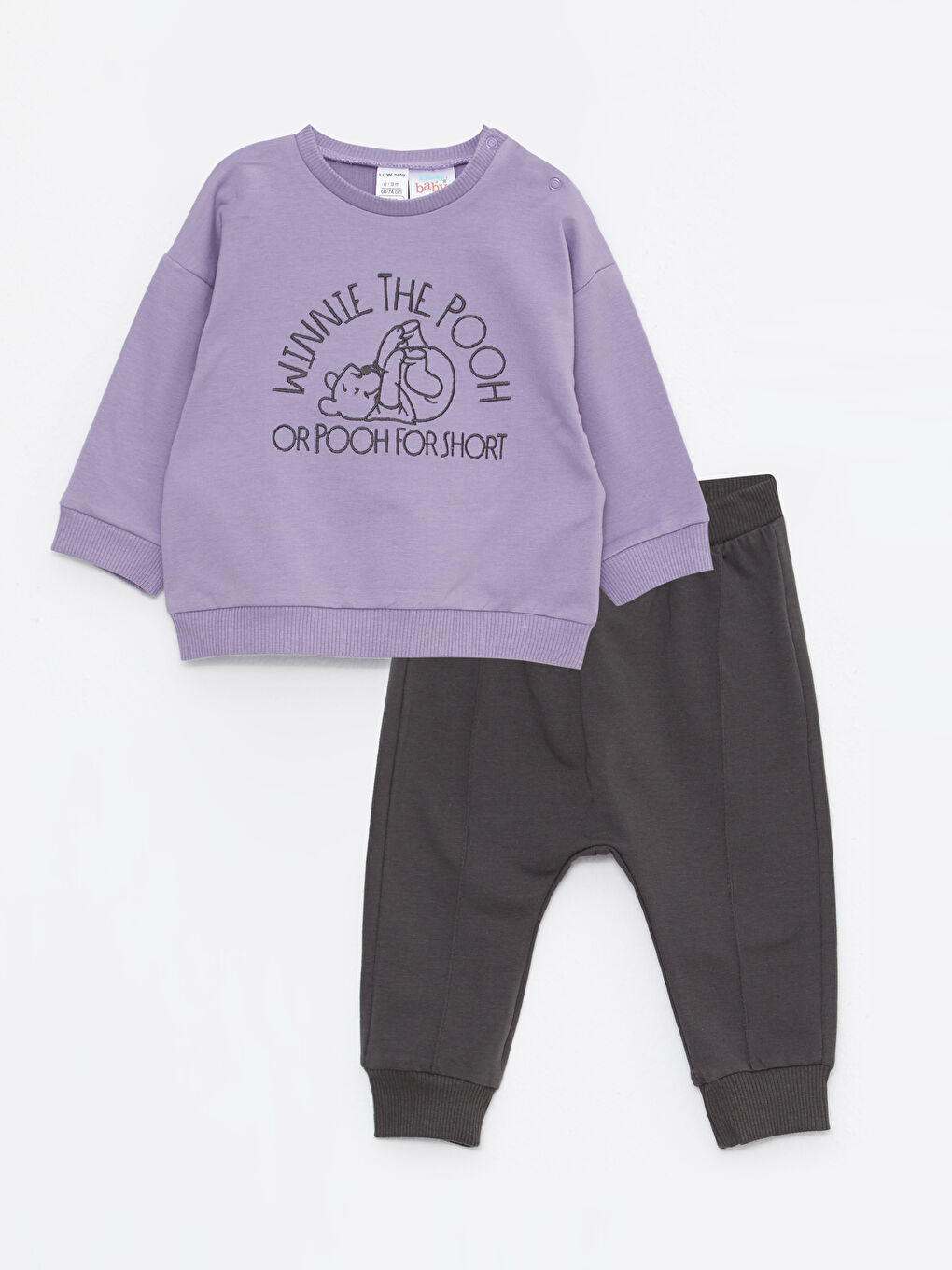 Lila Bisiklet Yaka Uzun Kollu Winnie the Pooh Baskılı Erkek Bebek Sweatshirt ve Pantolon 2'li Takım