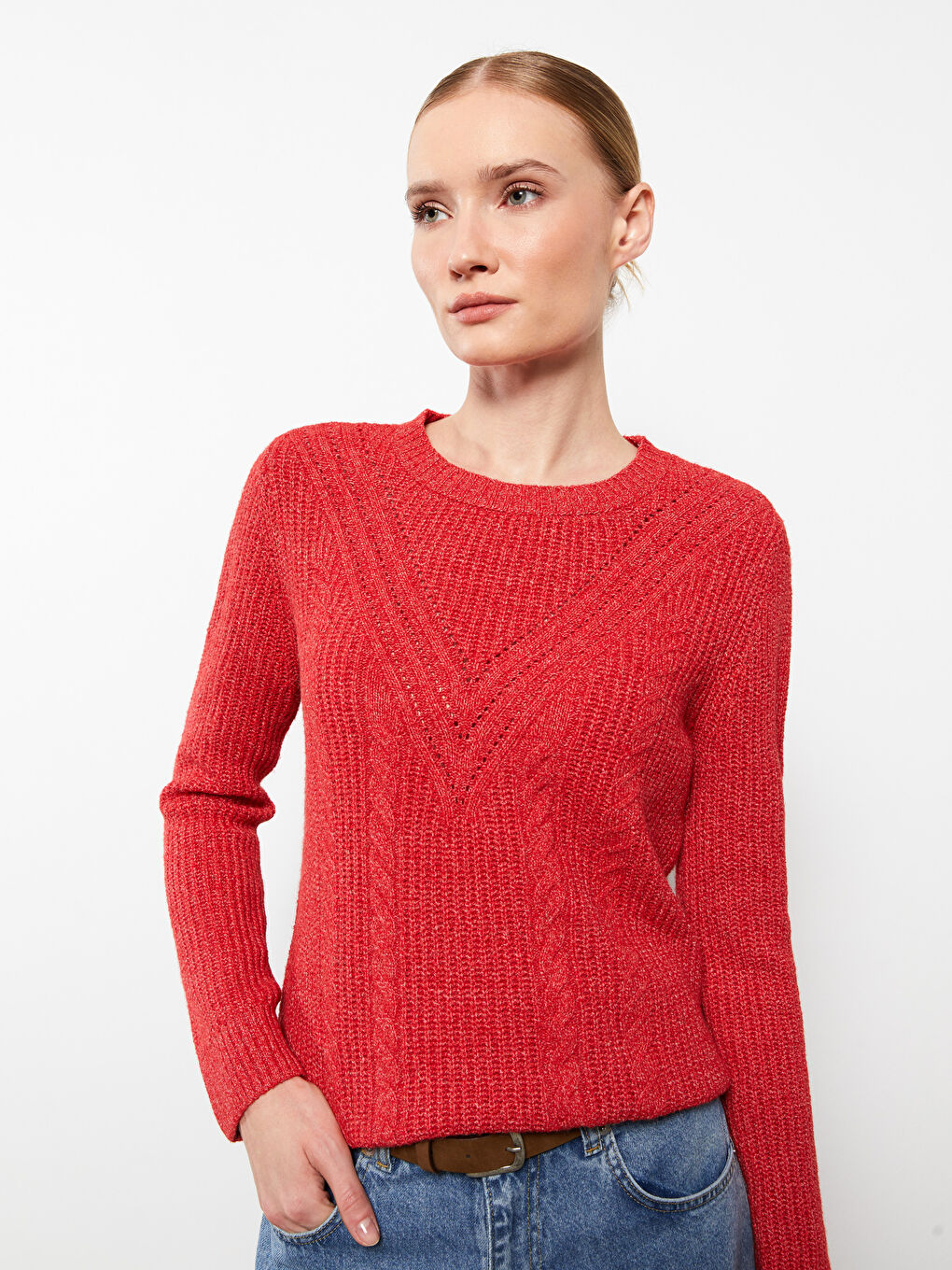 Crew Neck Self Patterned Long Sleeve Women's Knitwear Sweater