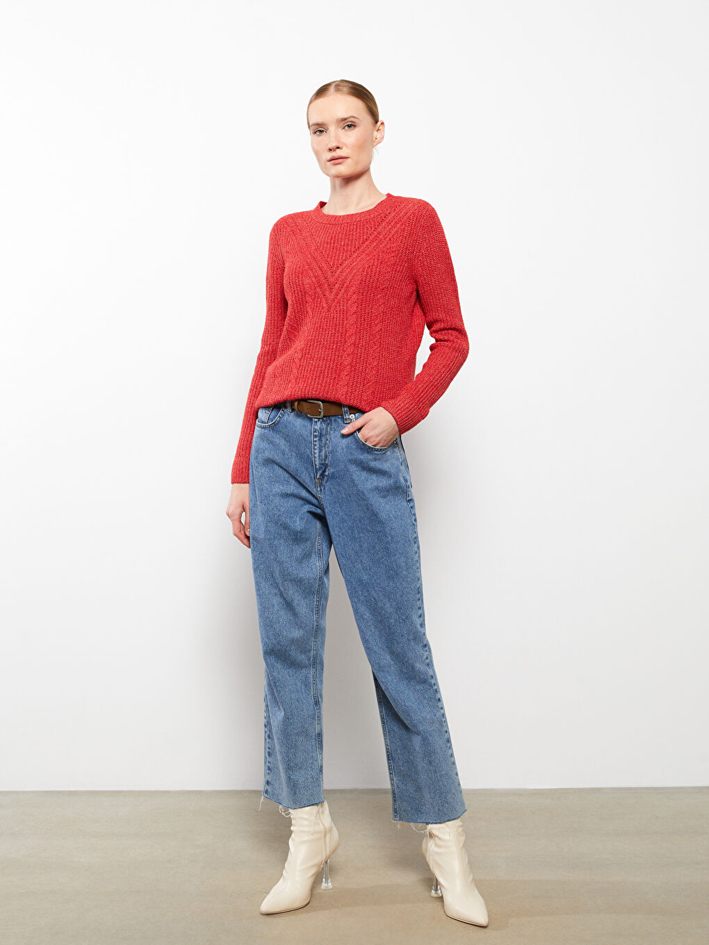 Crew Neck Self Patterned Long Sleeve Women's Knitwear Sweater-1