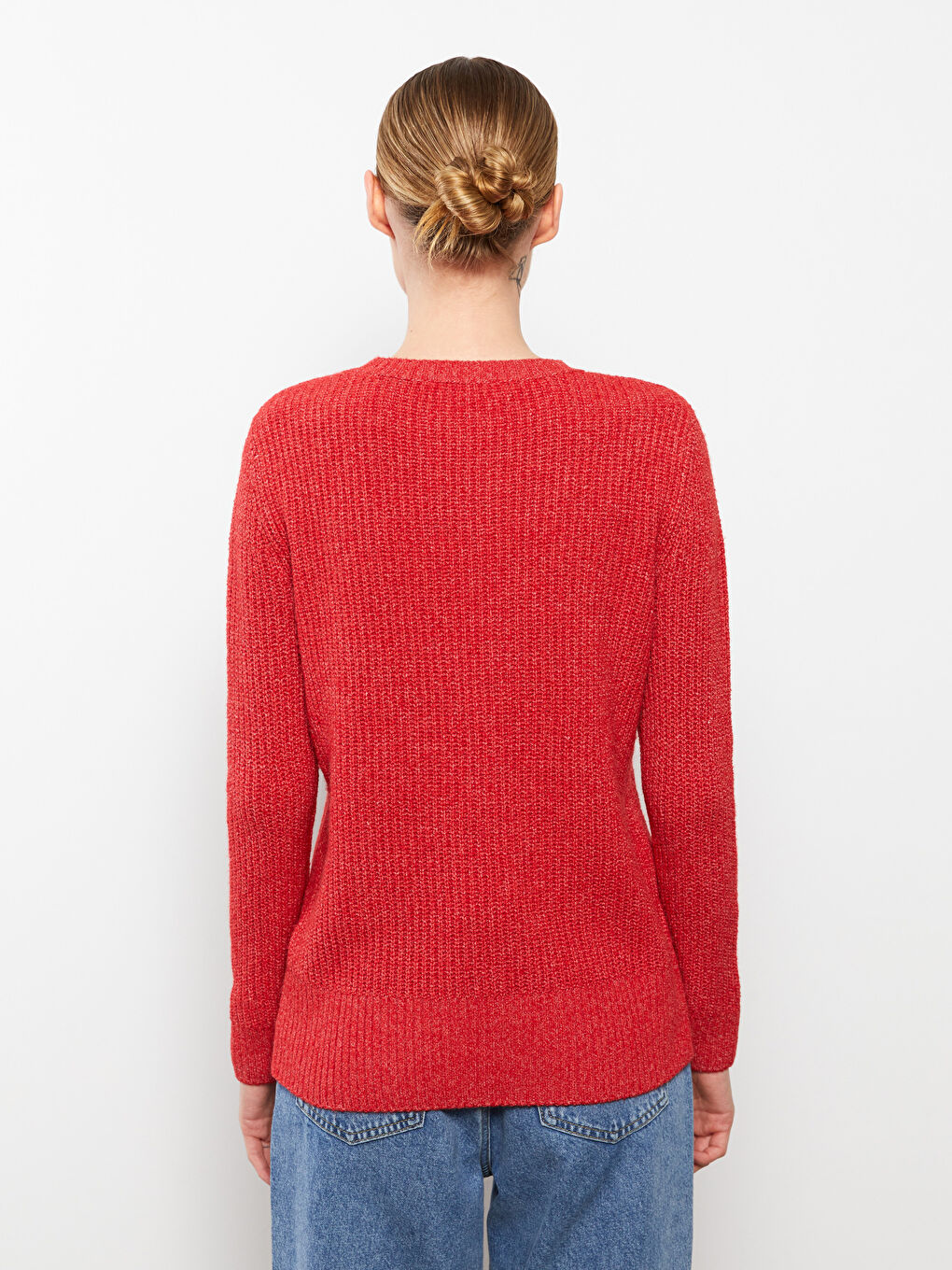 Crew Neck Self Patterned Long Sleeve Women's Knitwear Sweater-3