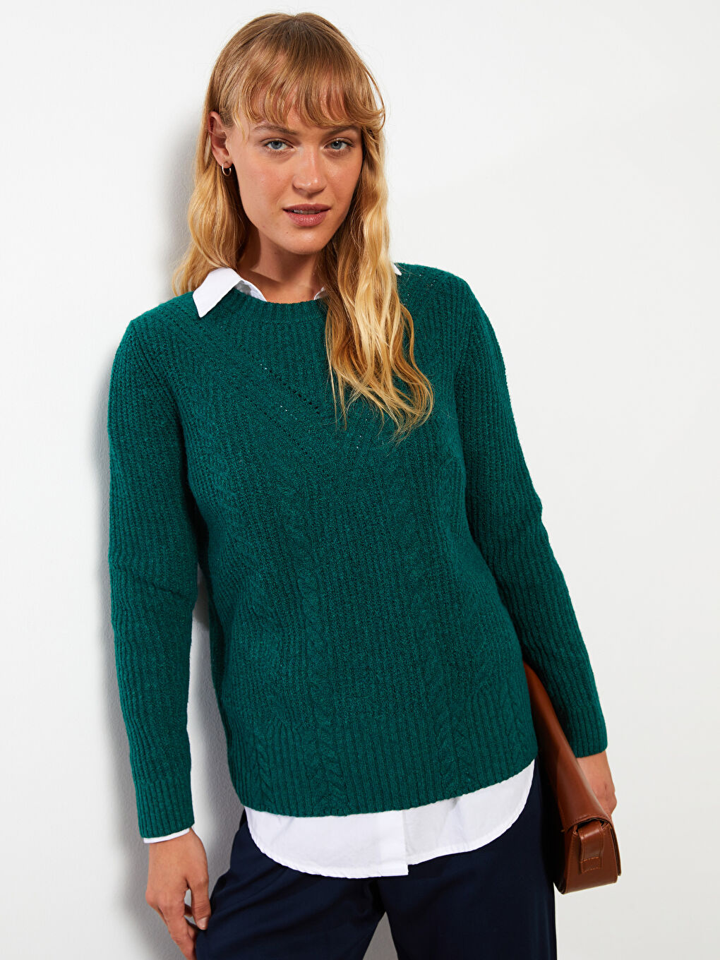 Crew Neck Self Patterned Long Sleeve Women's Knitwear Sweater