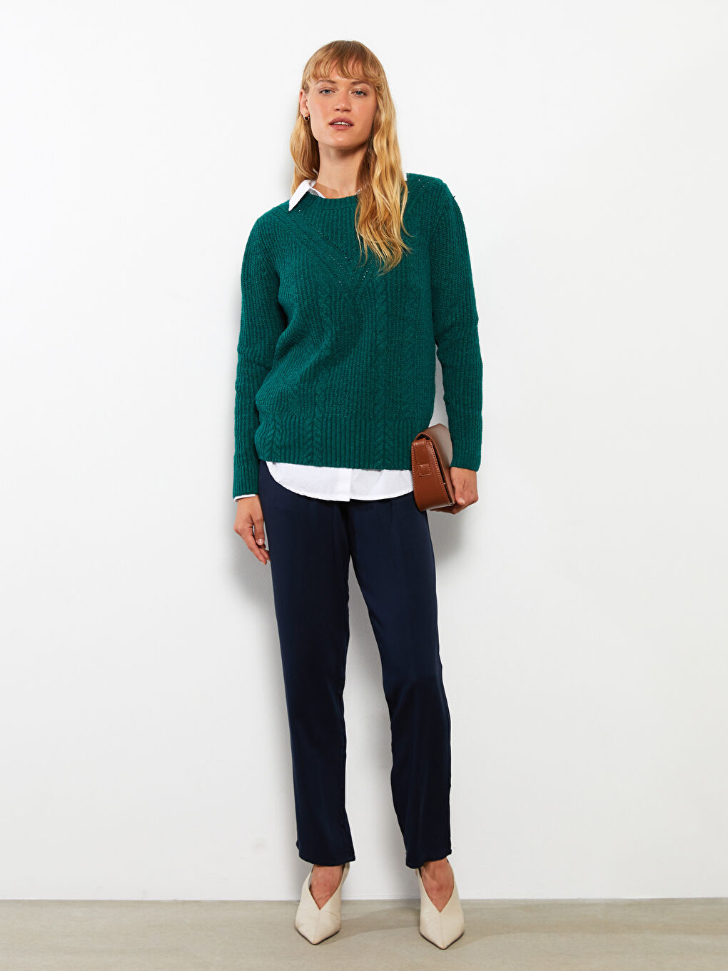 Crew Neck Self Patterned Long Sleeve Women's Knitwear Sweater-1