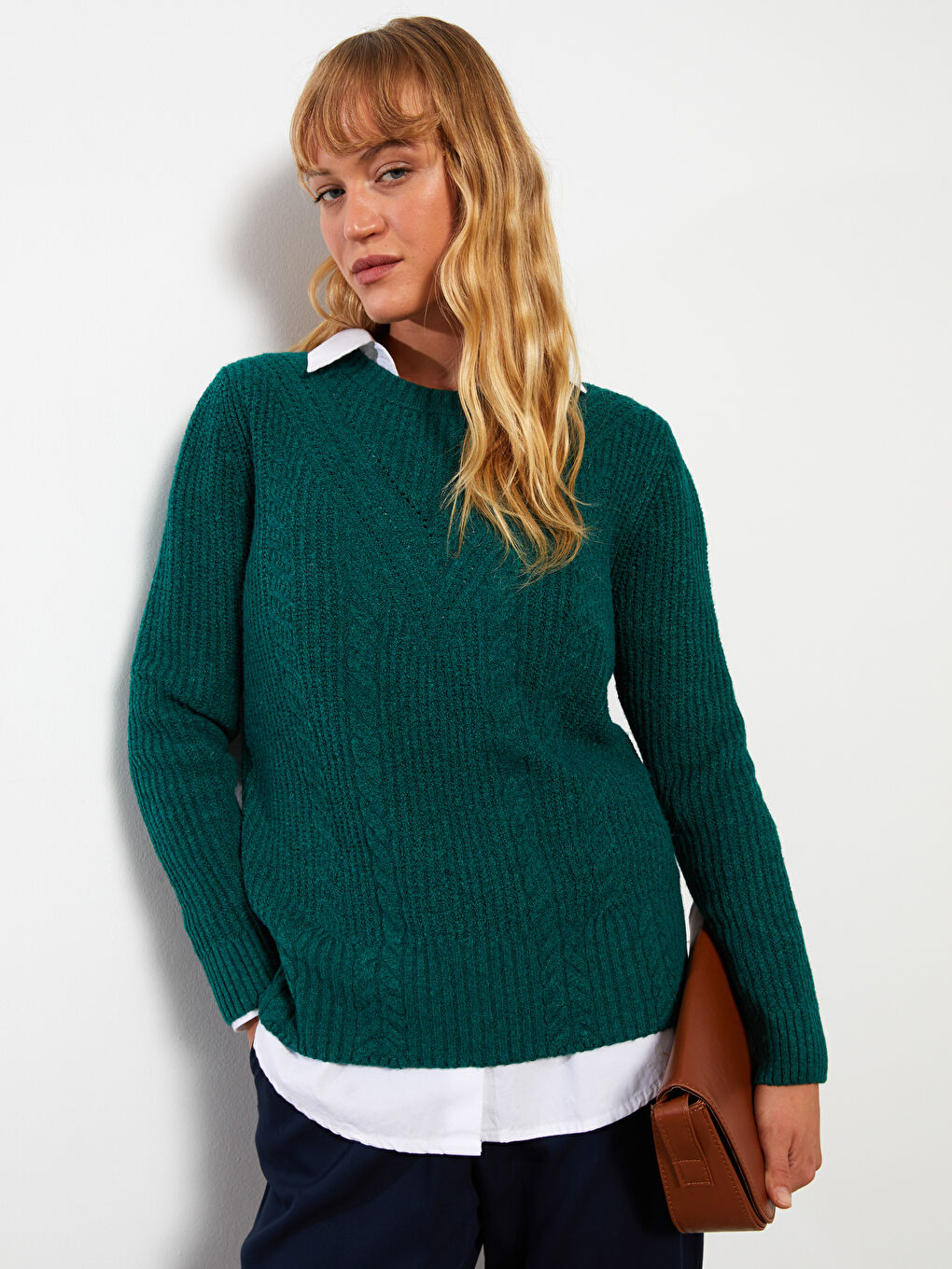 Crew Neck Self Patterned Long Sleeve Women's Knitwear Sweater-2