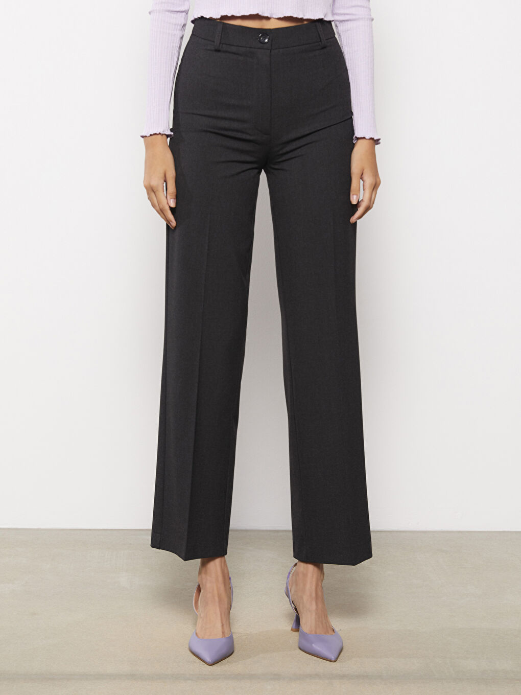 Antrasit Kadın Standart Fit Düz Pantolon-2