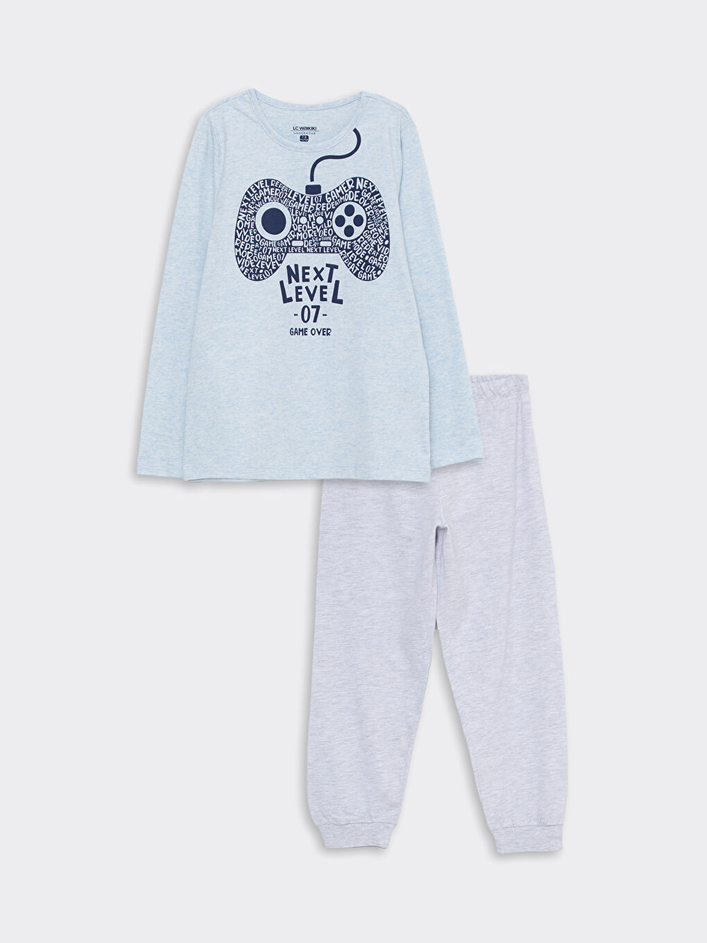 LCW Kids Mavi Bisiklet Yaka Baskılı Uzun Kollu Erkek Çocuk Pijama Takımı - 3