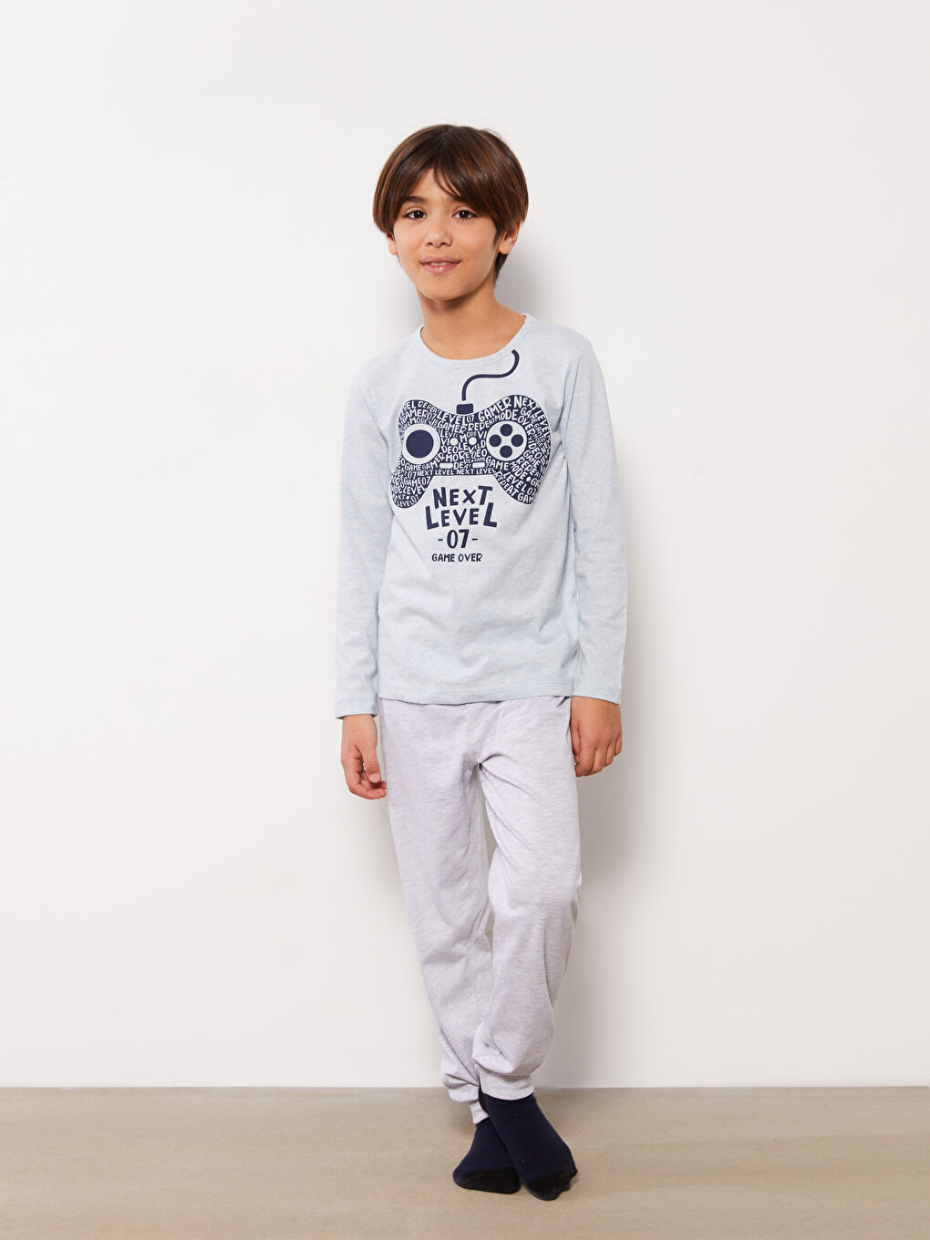 LCW Kids Mavi Bisiklet Yaka Baskılı Uzun Kollu Erkek Çocuk Pijama Takımı - 1