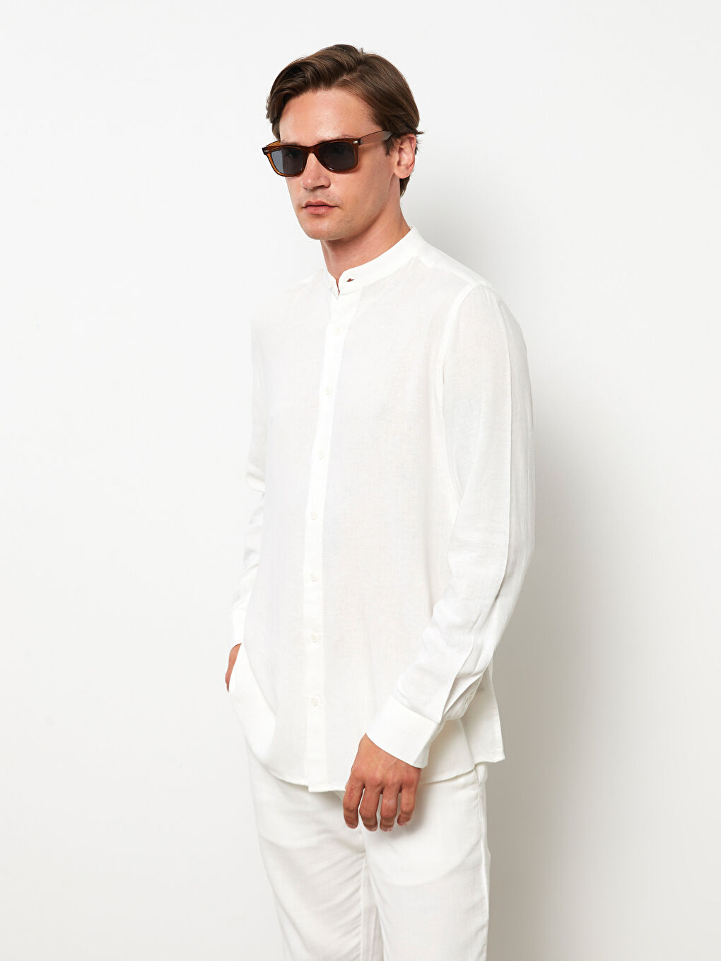 Ekru Regular Fit Hakim Yaka Uzun Kollu Erkek Gömlek-1