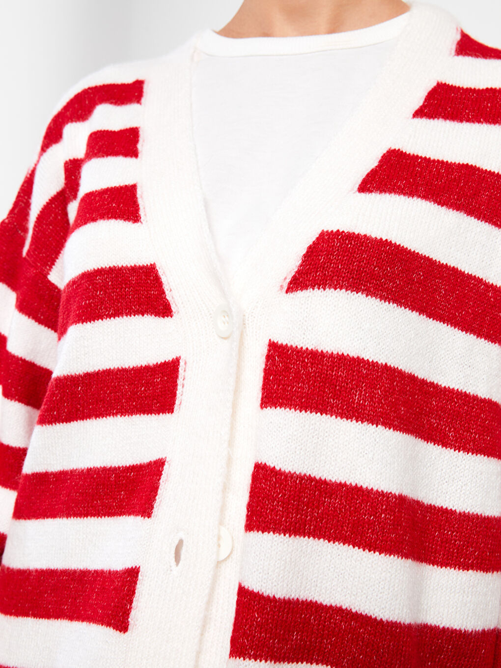 Kırmızı V Yaka Çizgili Uzun Kollu Kadın Triko Hırka-2