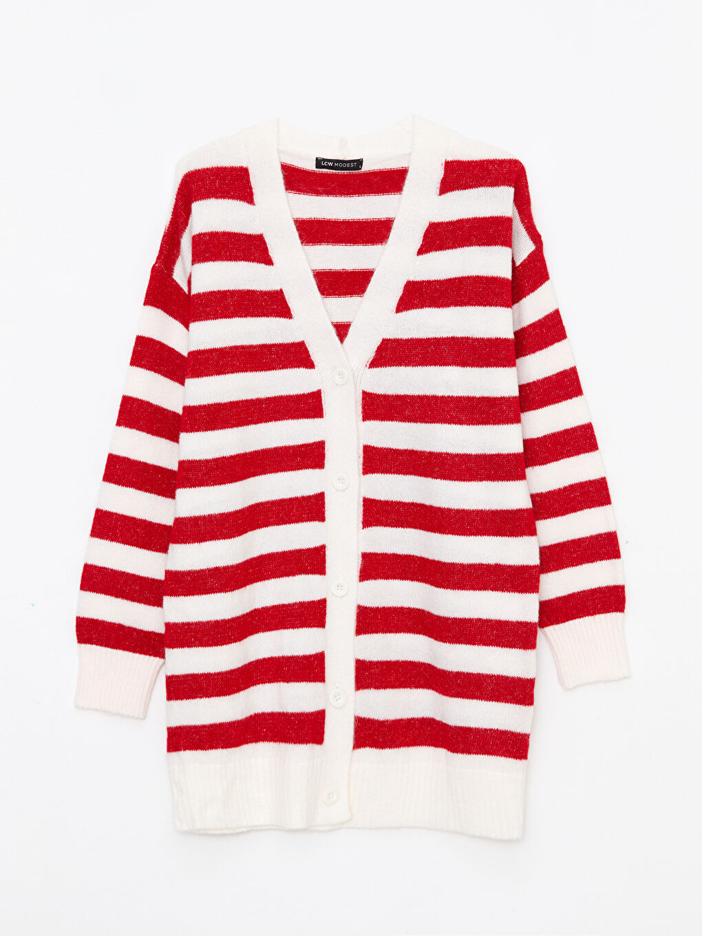 Kırmızı V Yaka Çizgili Uzun Kollu Kadın Triko Hırka-4