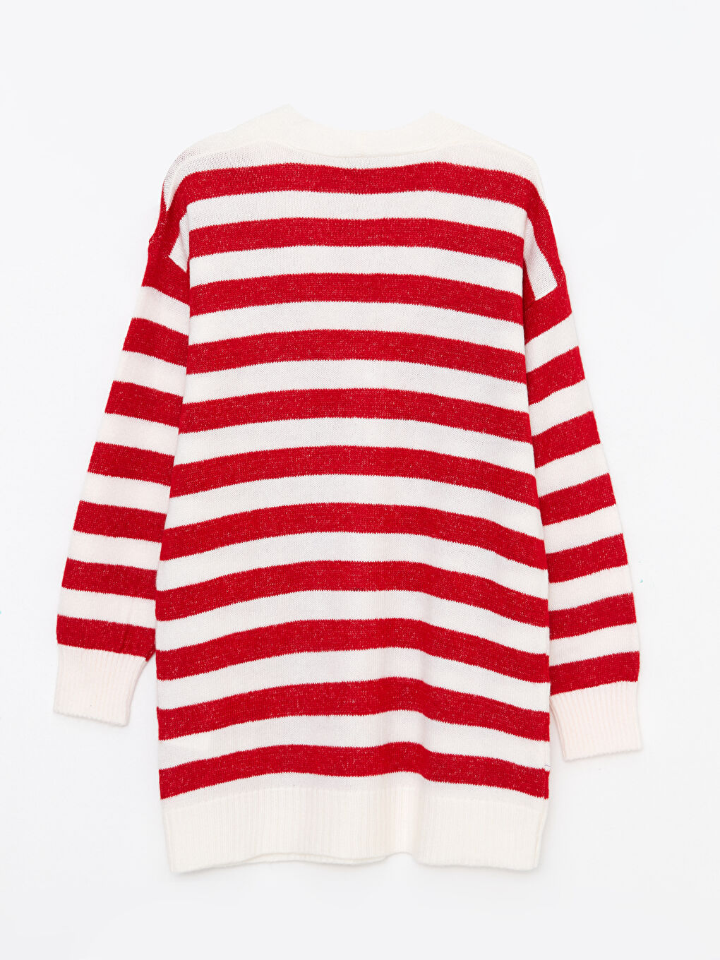 Kırmızı V Yaka Çizgili Uzun Kollu Kadın Triko Hırka-5