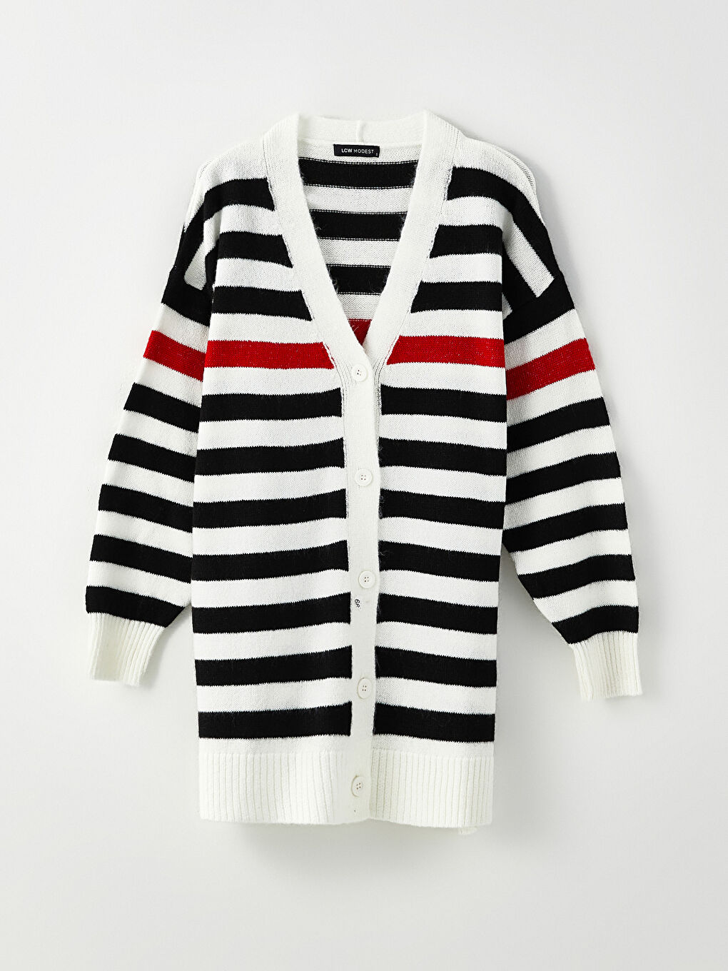 Siyah V Yaka Çizgili Uzun Kollu Kadın Triko Hırka-5