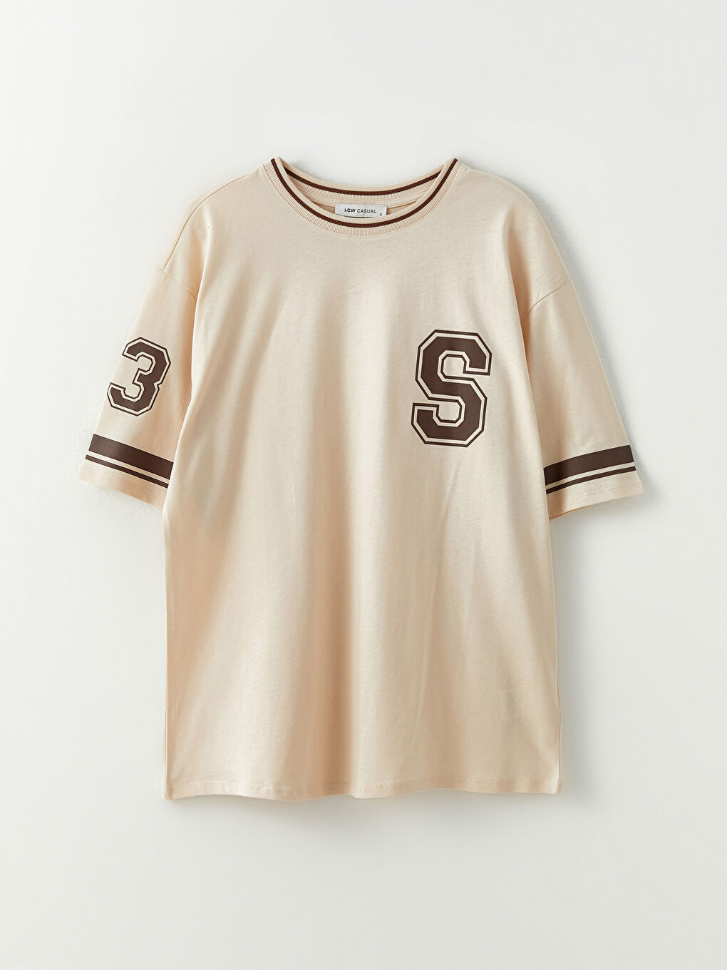 Bej Bisiklet Yaka Baskılı Kısa Kollu Pamuklu Kadın Tişört-5