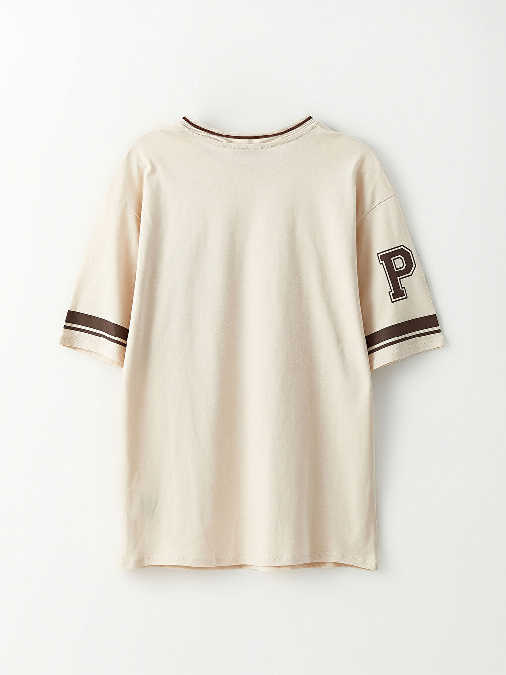 Bej Bisiklet Yaka Baskılı Kısa Kollu Pamuklu Kadın Tişört-7