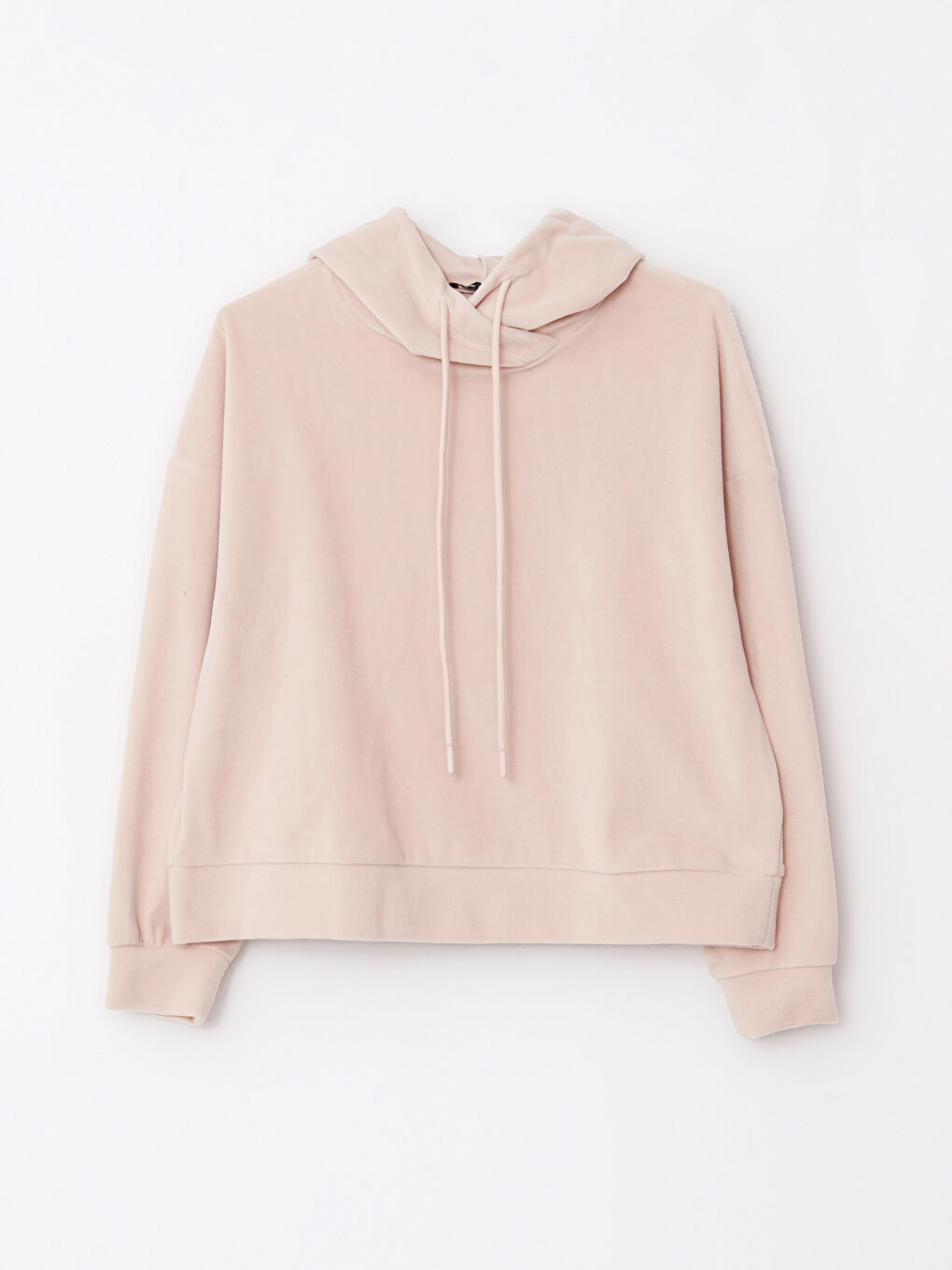 Bej Kapüşonlu Düz Uzun Kollu Polar Kadın Sweatshirt-5