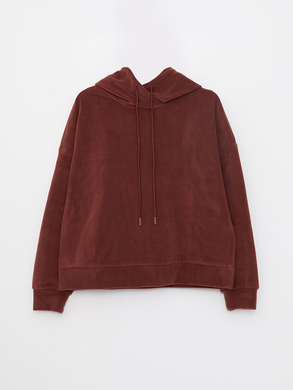 Kahverengi Kapüşonlu Düz Uzun Kollu Polar Kadın Sweatshirt-5