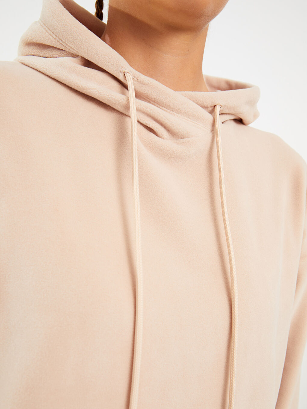 Bej Kapüşonlu Düz Uzun Kollu Polar Kadın Sweatshirt-3