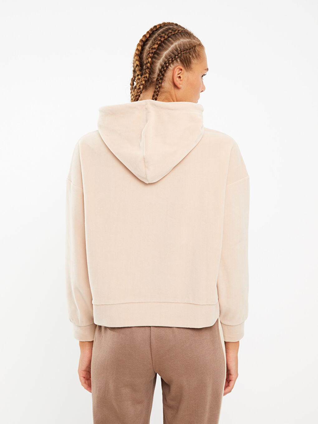 Bej Kapüşonlu Düz Uzun Kollu Polar Kadın Sweatshirt-4