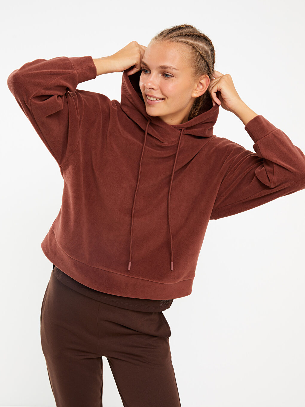 Kahverengi Kapüşonlu Düz Uzun Kollu Polar Kadın Sweatshirt-1