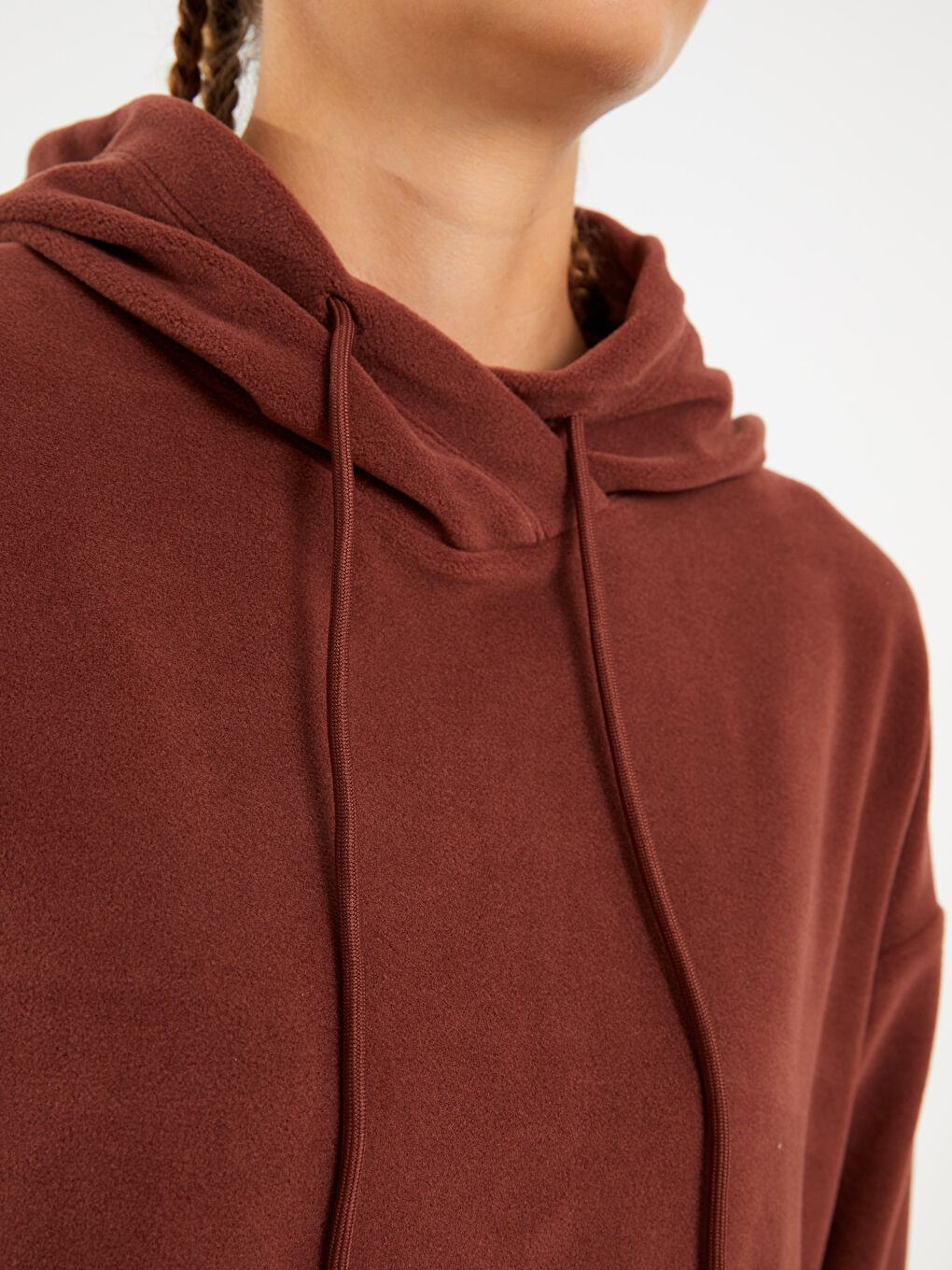 Kahverengi Kapüşonlu Düz Uzun Kollu Polar Kadın Sweatshirt-3