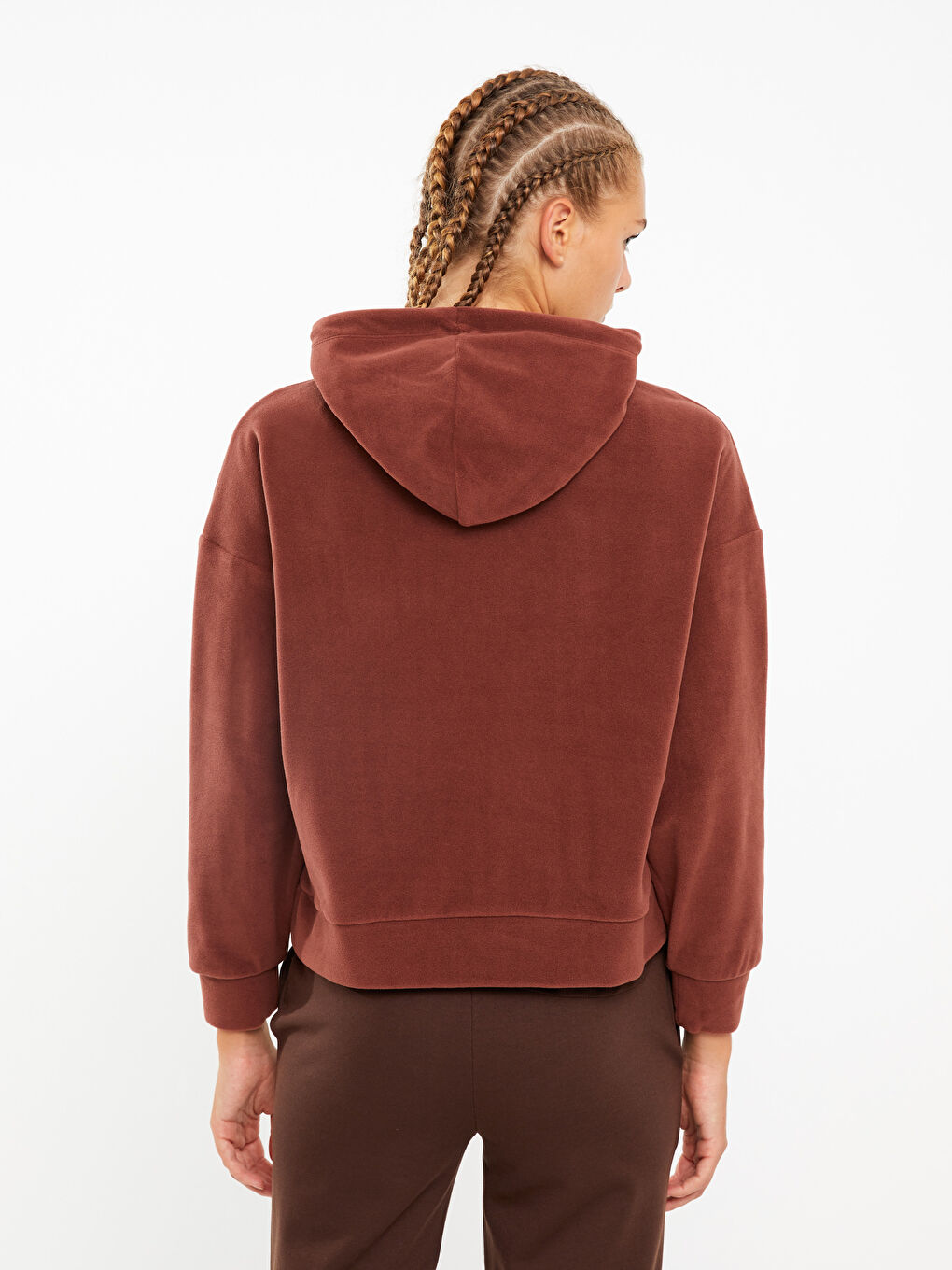 Kahverengi Kapüşonlu Düz Uzun Kollu Polar Kadın Sweatshirt-4