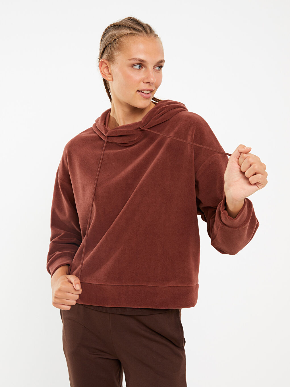 Kahverengi Kapüşonlu Düz Uzun Kollu Polar Kadın Sweatshirt