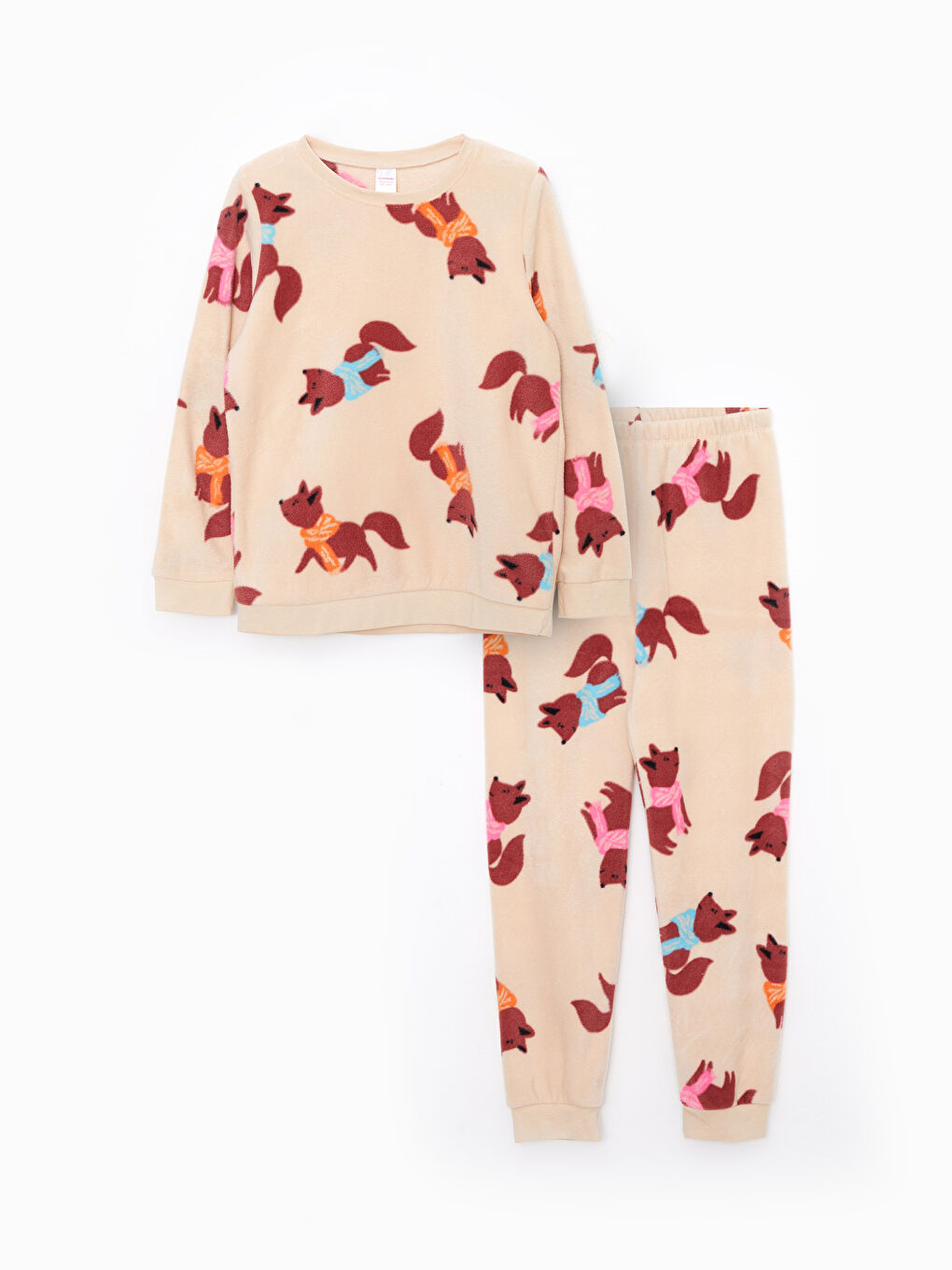 Ekru Bisiklet Yaka Desenli Uzun Kollu Polar Kız Çocuk Pijama Takımı