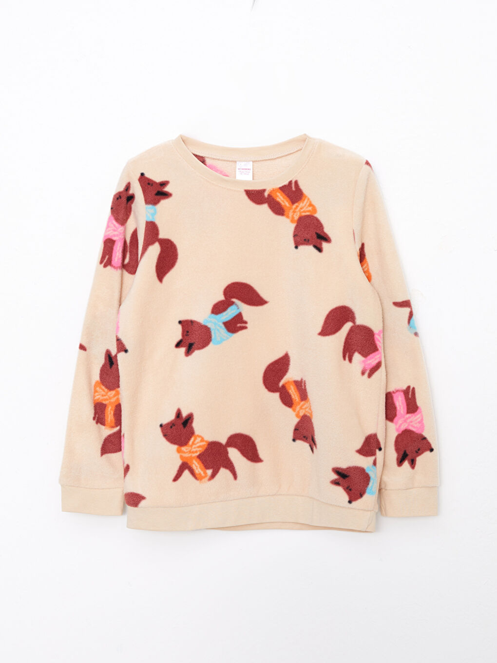 Ekru Bisiklet Yaka Desenli Uzun Kollu Polar Kız Çocuk Pijama Takımı-1