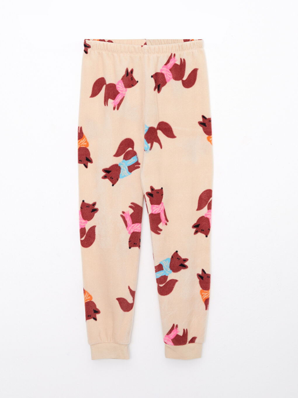 Ekru Bisiklet Yaka Desenli Uzun Kollu Polar Kız Çocuk Pijama Takımı-2