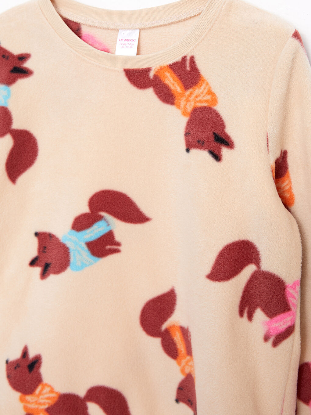 Ekru Bisiklet Yaka Desenli Uzun Kollu Polar Kız Çocuk Pijama Takımı-3