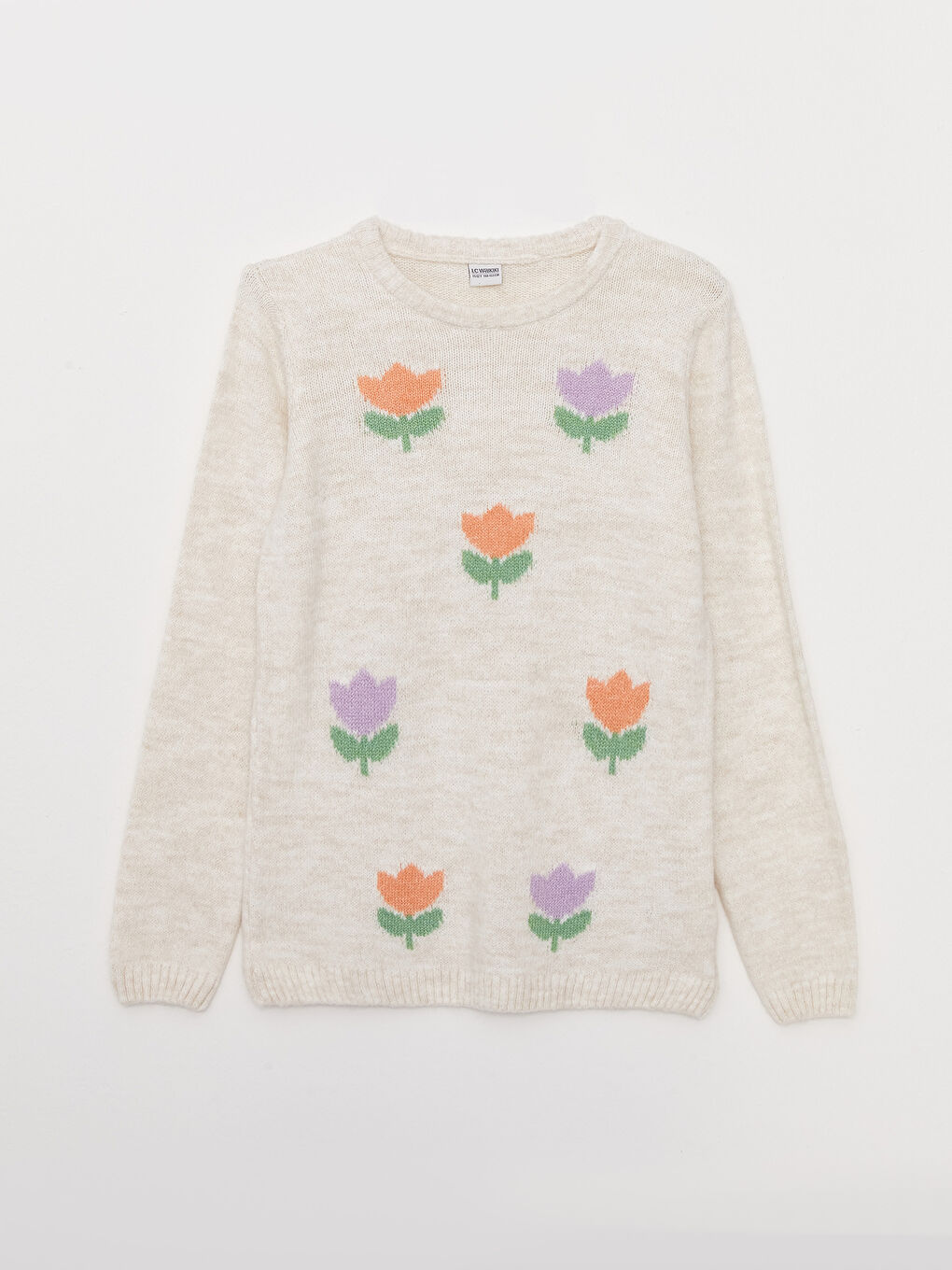 Қыздарға арналған дөңгелек жағалы өрнекті ұзын жең трикотаж жемпір