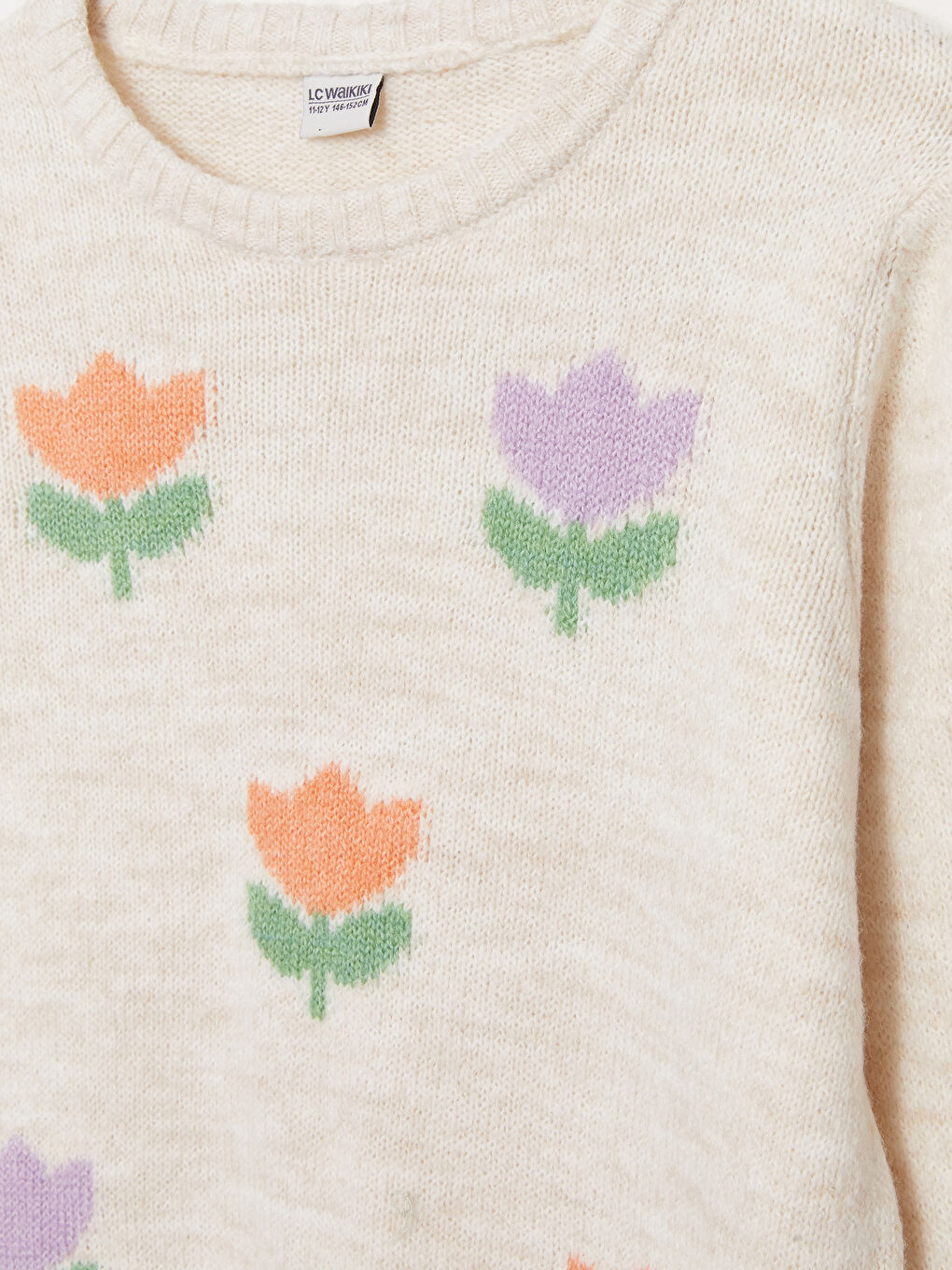 Қыздарға арналған дөңгелек жағалы өрнекті ұзын жең трикотаж жемпір-2