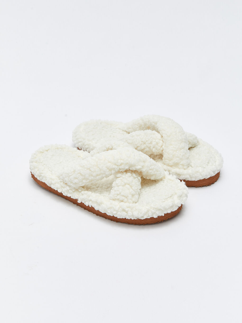 Ekru Çapraz Bantlı Pelüş Kadın Ev Terliği