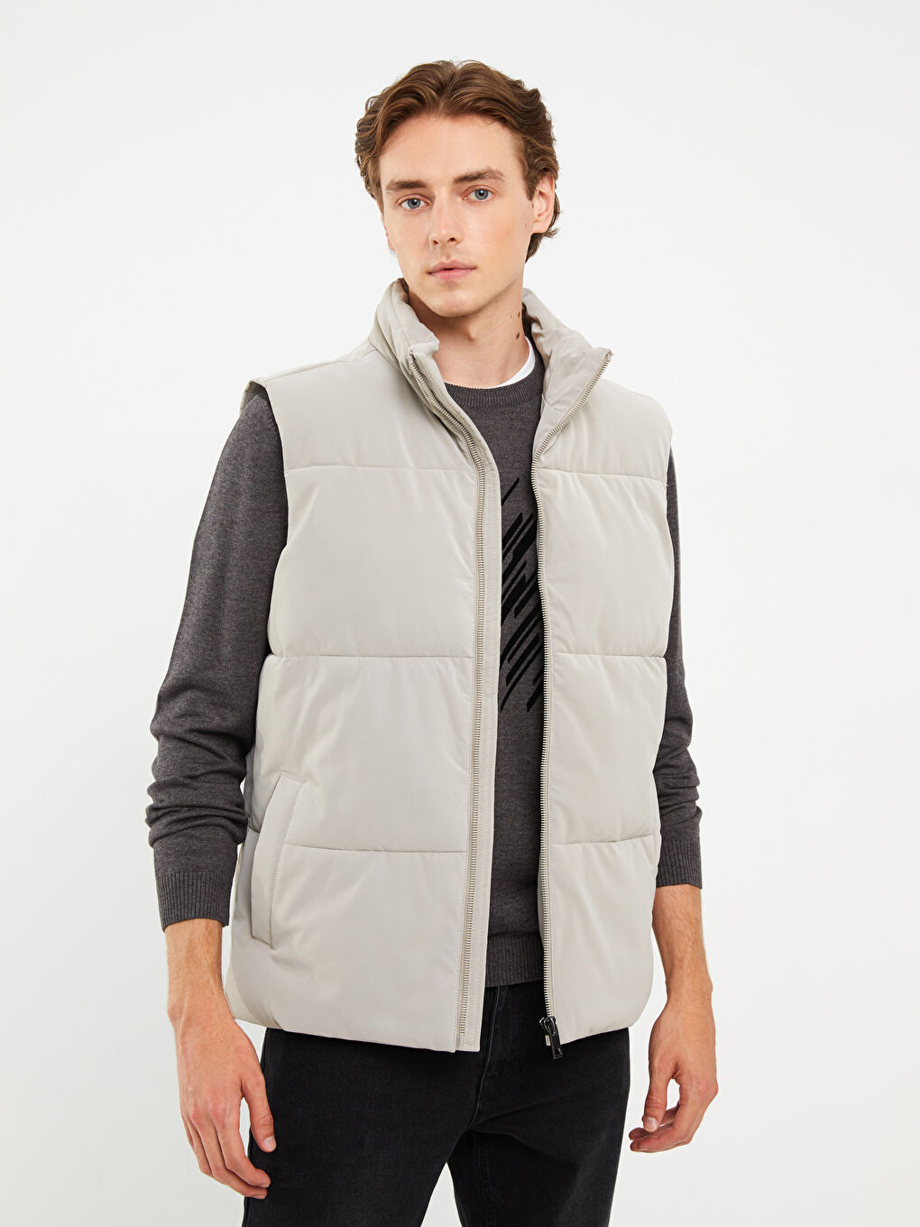 Gri Standart Kalıp Dik Yaka Erkek Yelek-2