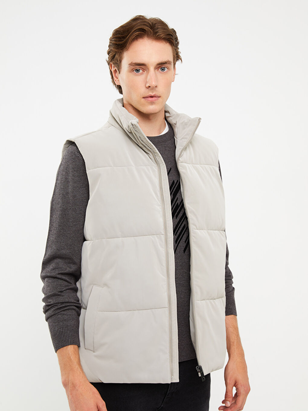 Gri Standart Kalıp Dik Yaka Erkek Yelek-3