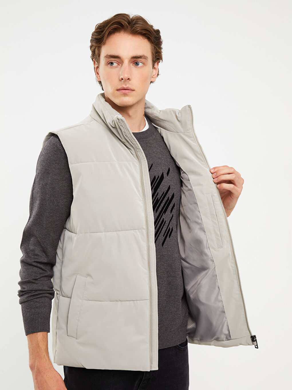 Gri Standart Kalıp Dik Yaka Erkek Yelek-4