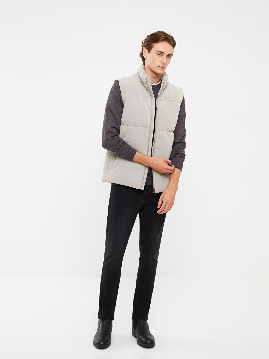 Gri Standart Kalıp Dik Yaka Erkek Yelek-5