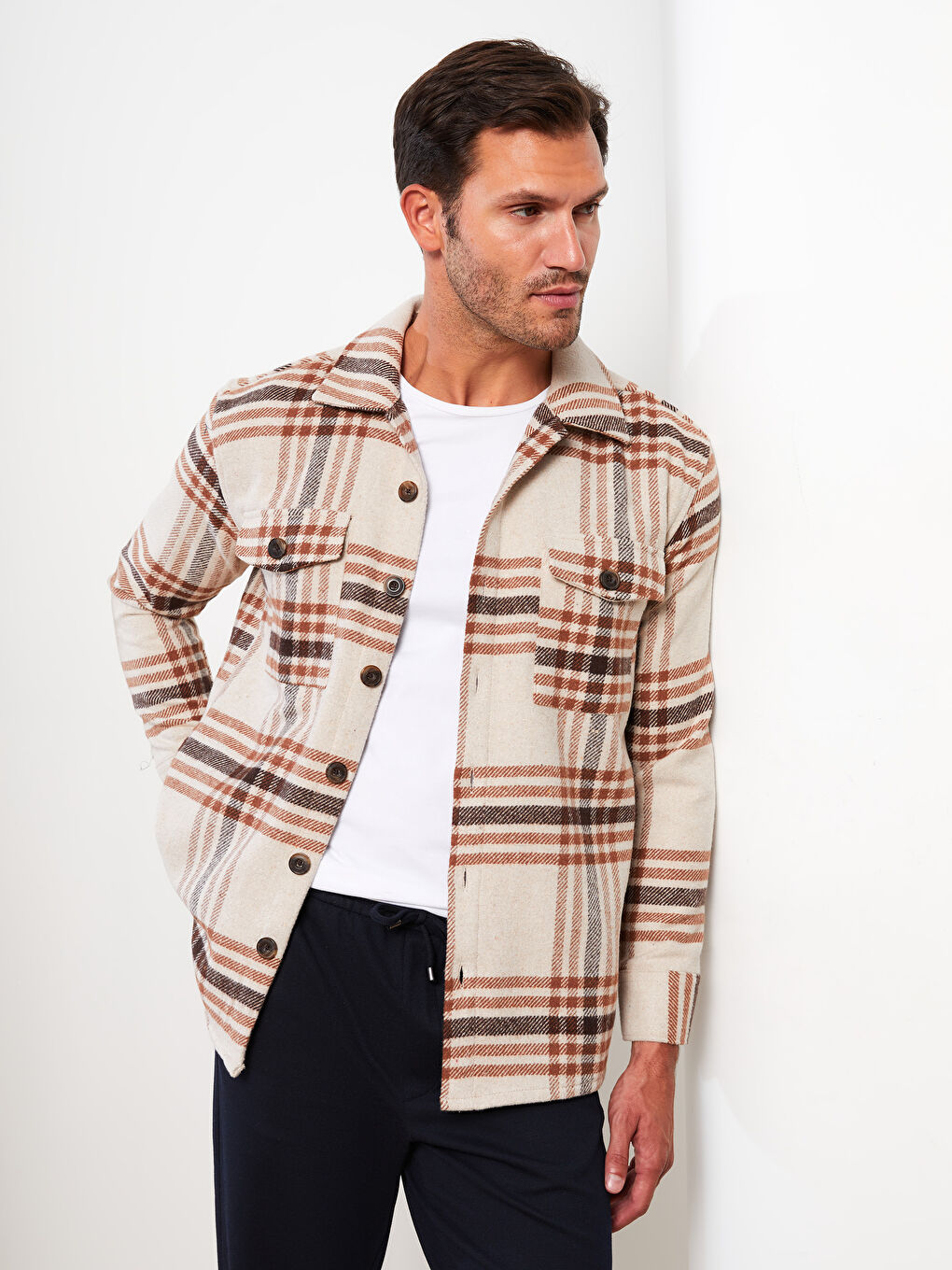 Ekru Rahat Kalıp Uzun Kollu Ekose Erkek Oduncu Gömlek Ceket