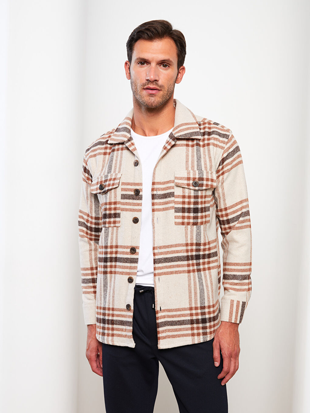 Ekru Rahat Kalıp Uzun Kollu Ekose Erkek Oduncu Gömlek Ceket-1