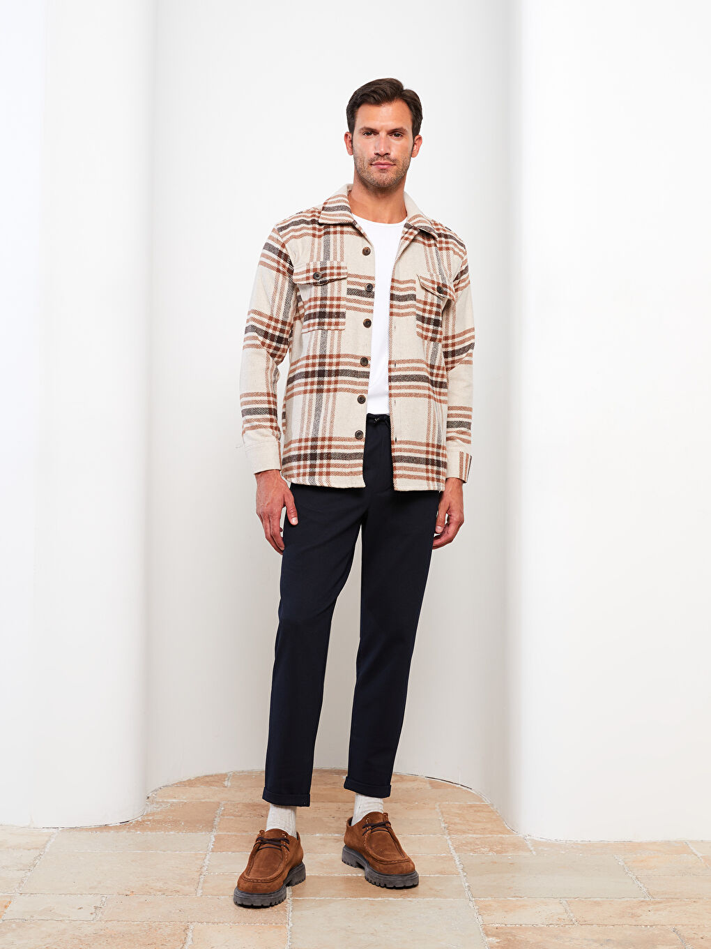 Ekru Rahat Kalıp Uzun Kollu Ekose Erkek Oduncu Gömlek Ceket-2