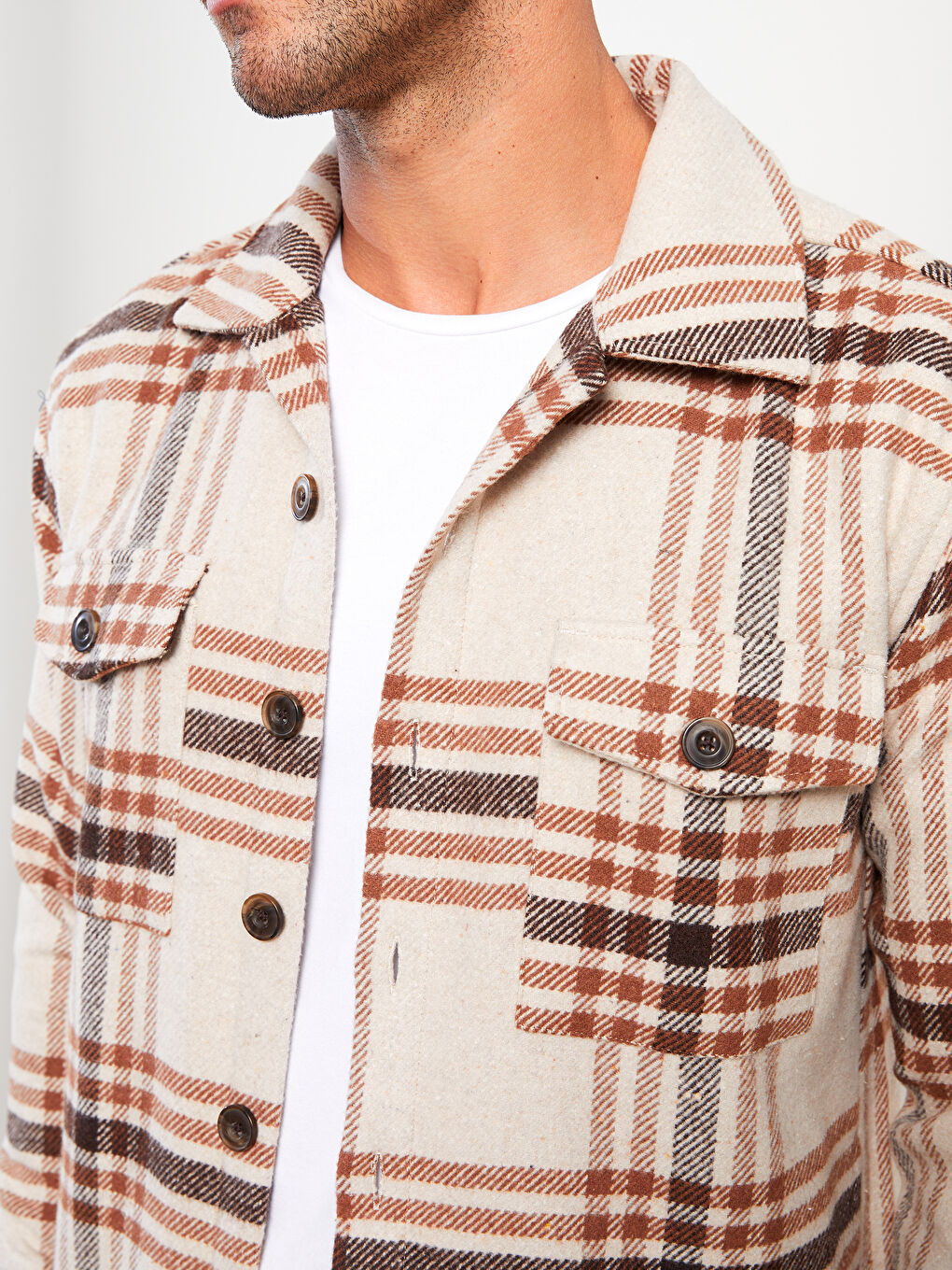 Ekru Rahat Kalıp Uzun Kollu Ekose Erkek Oduncu Gömlek Ceket-3