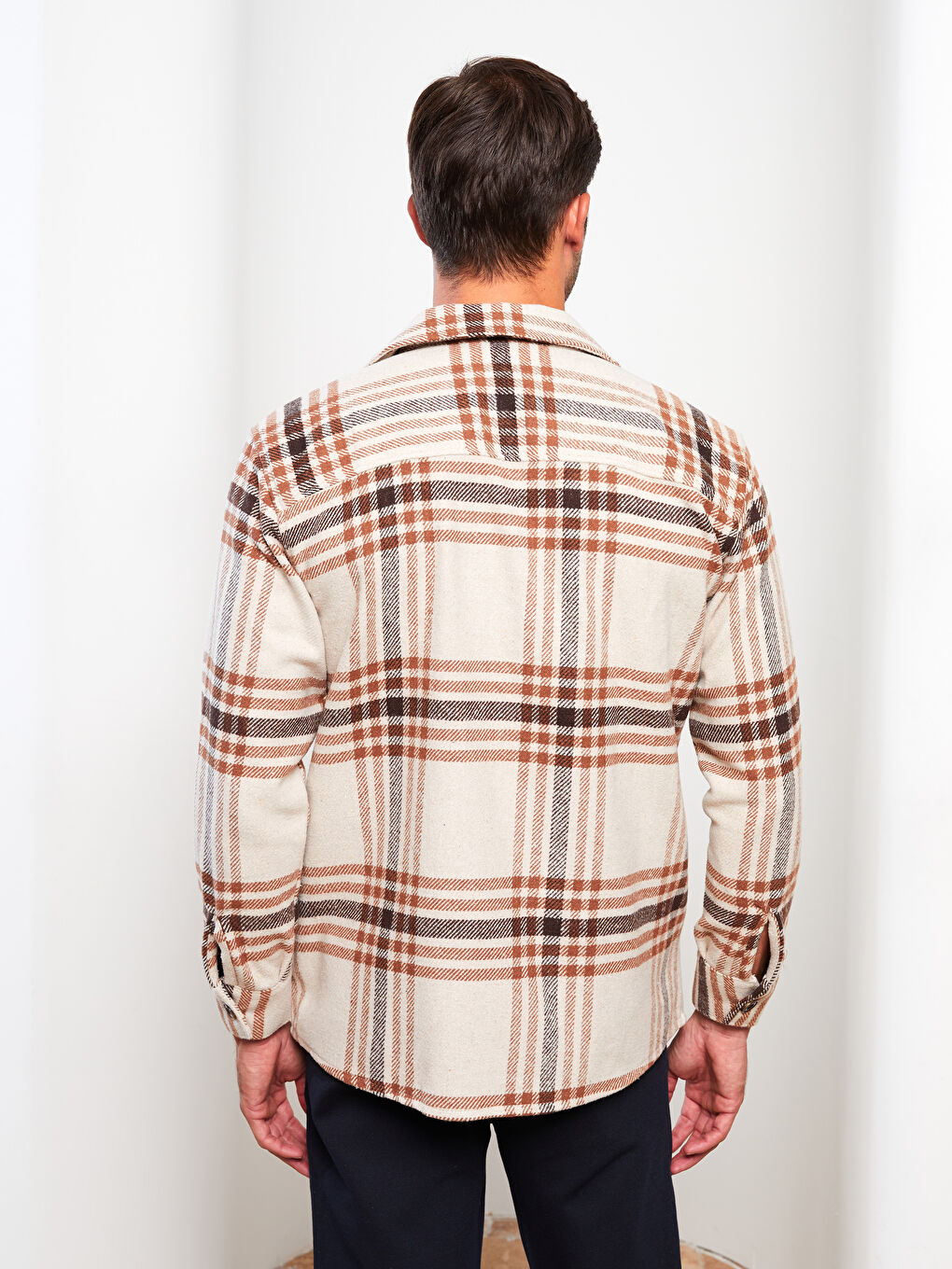 Ekru Rahat Kalıp Uzun Kollu Ekose Erkek Oduncu Gömlek Ceket-4